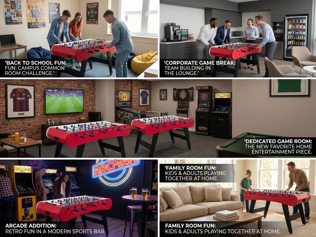 48" Freestanding Foosball Table, Red and Black Arcade Game Room Table with Curved Legs and Steel Rods