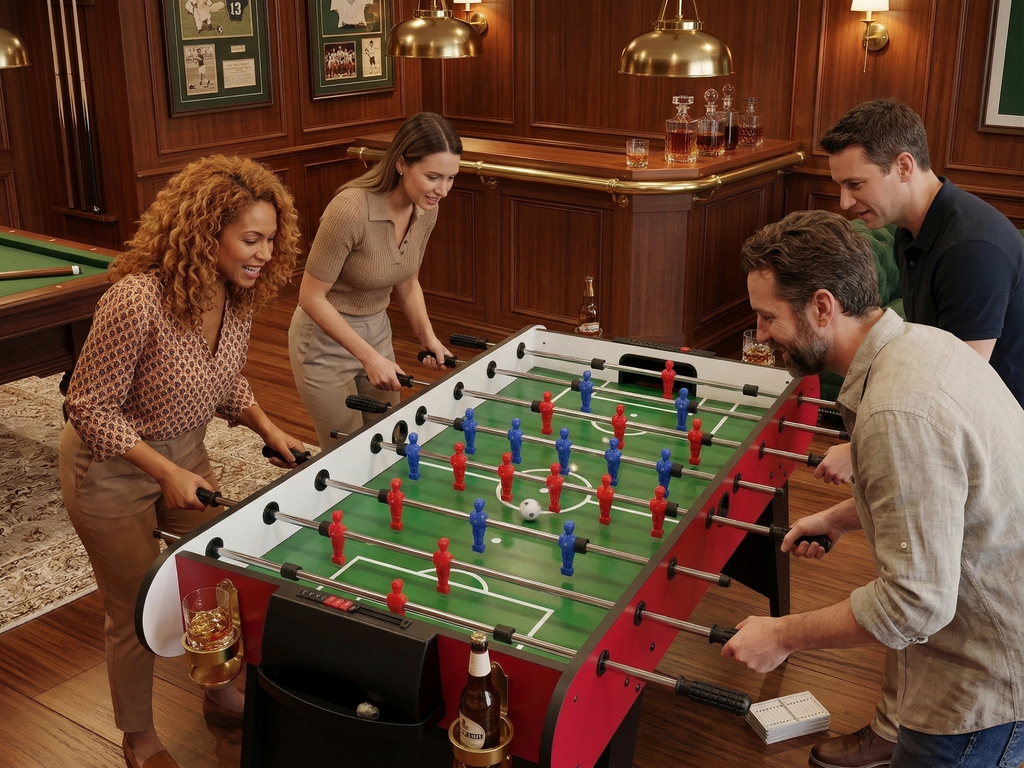 48" Freestanding Foosball Table, Red and Black Arcade Game Room Table with Curved Legs and Steel Rods