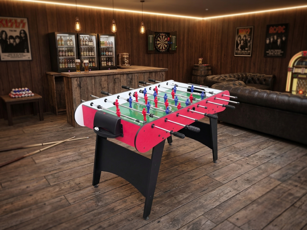 48" Freestanding Foosball Table, Red and Black Arcade Game Room Table with Curved Legs and Steel Rods