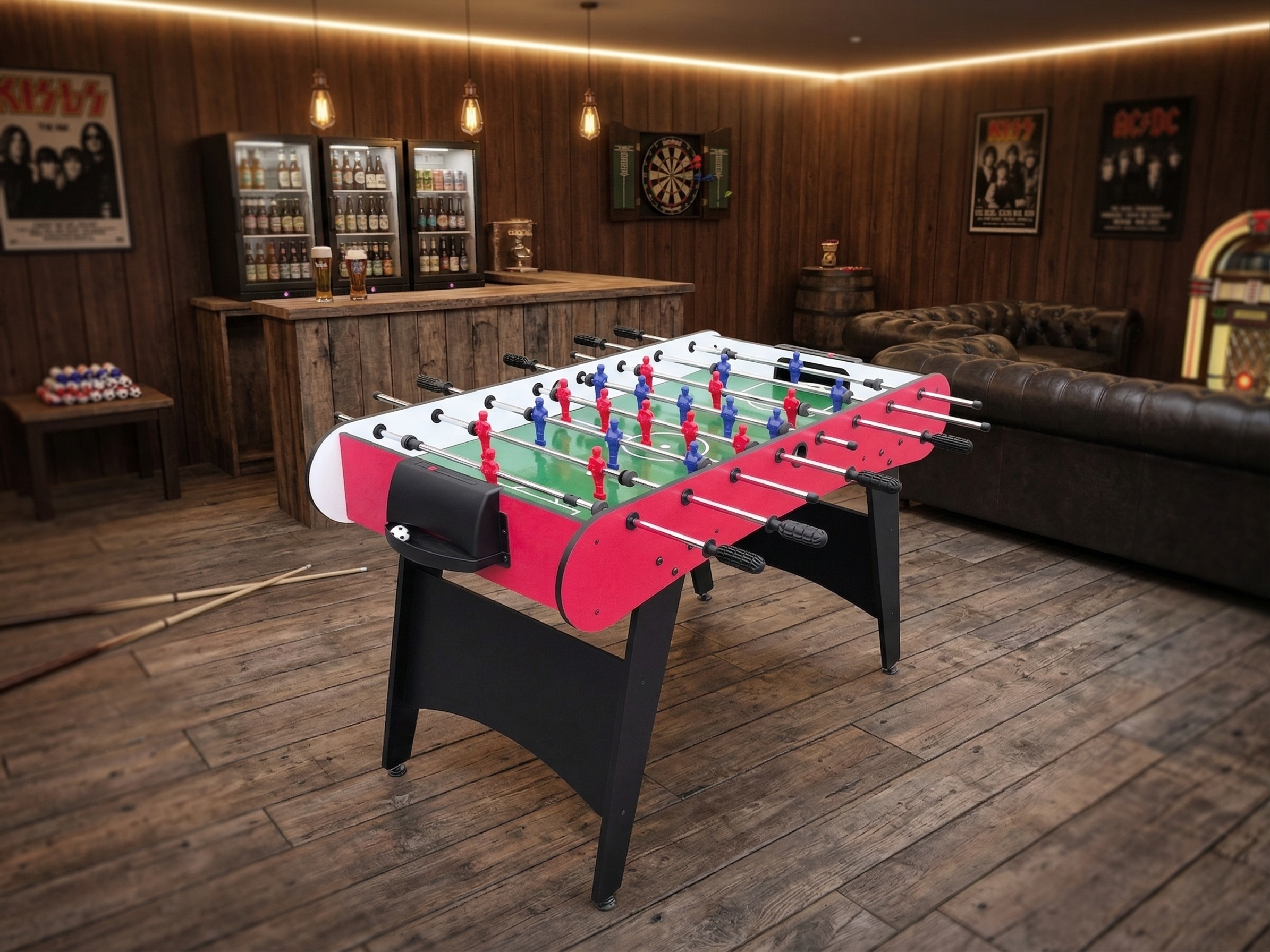 48" Freestanding Foosball Table, Red and Black Arcade Game Room Table with Curved Legs and Steel Rods
