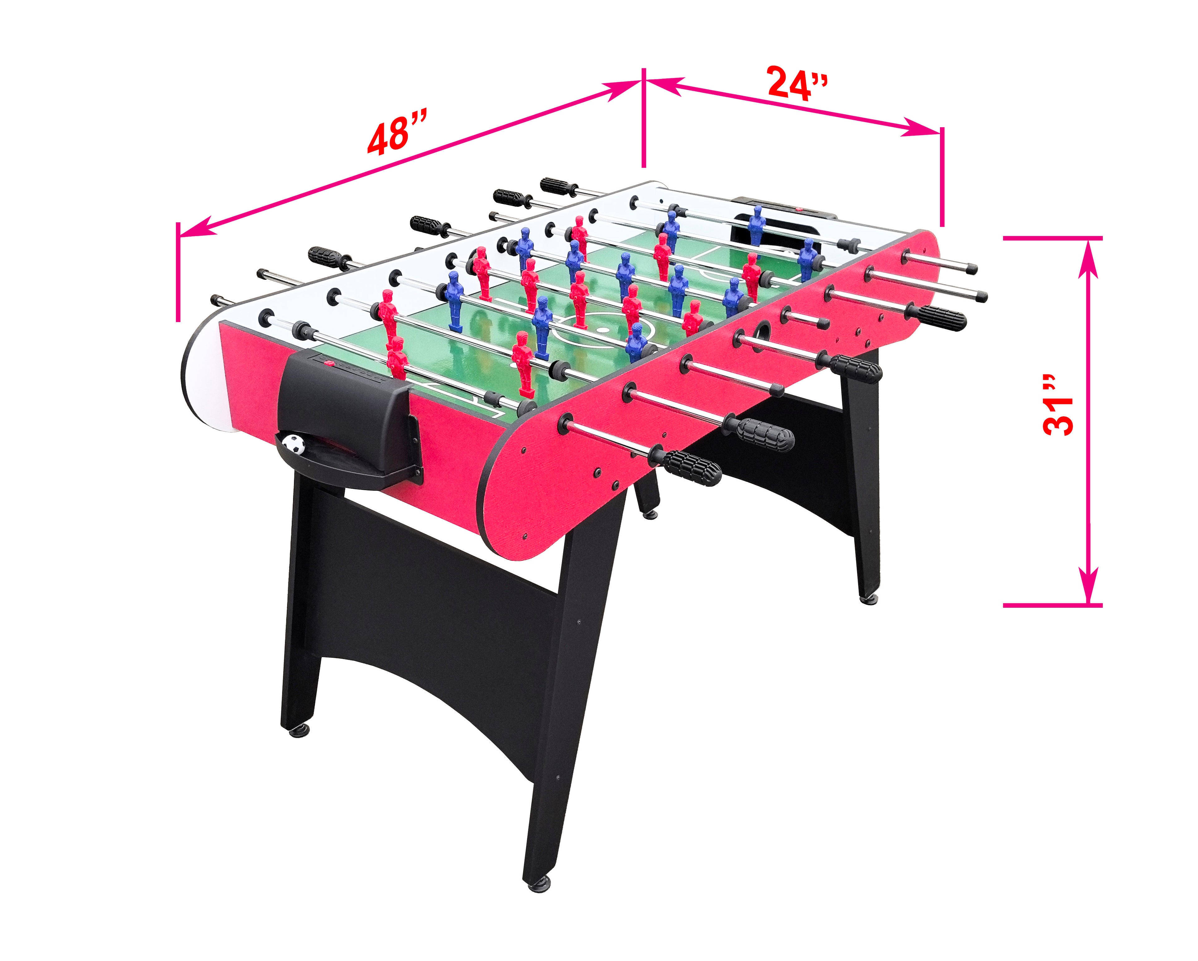 48" Freestanding Foosball Table, Red and Black Arcade Game Room Table with Curved Legs and Steel Rods