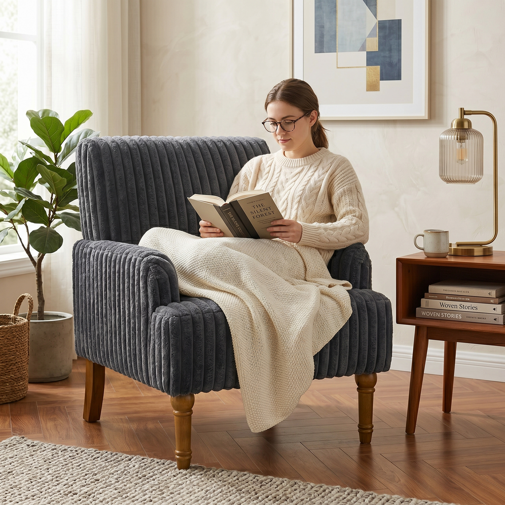 Wide Corduroy Upholstered Accent Chair, Mid-Century Modern Armchair with Turned Wood Legs
