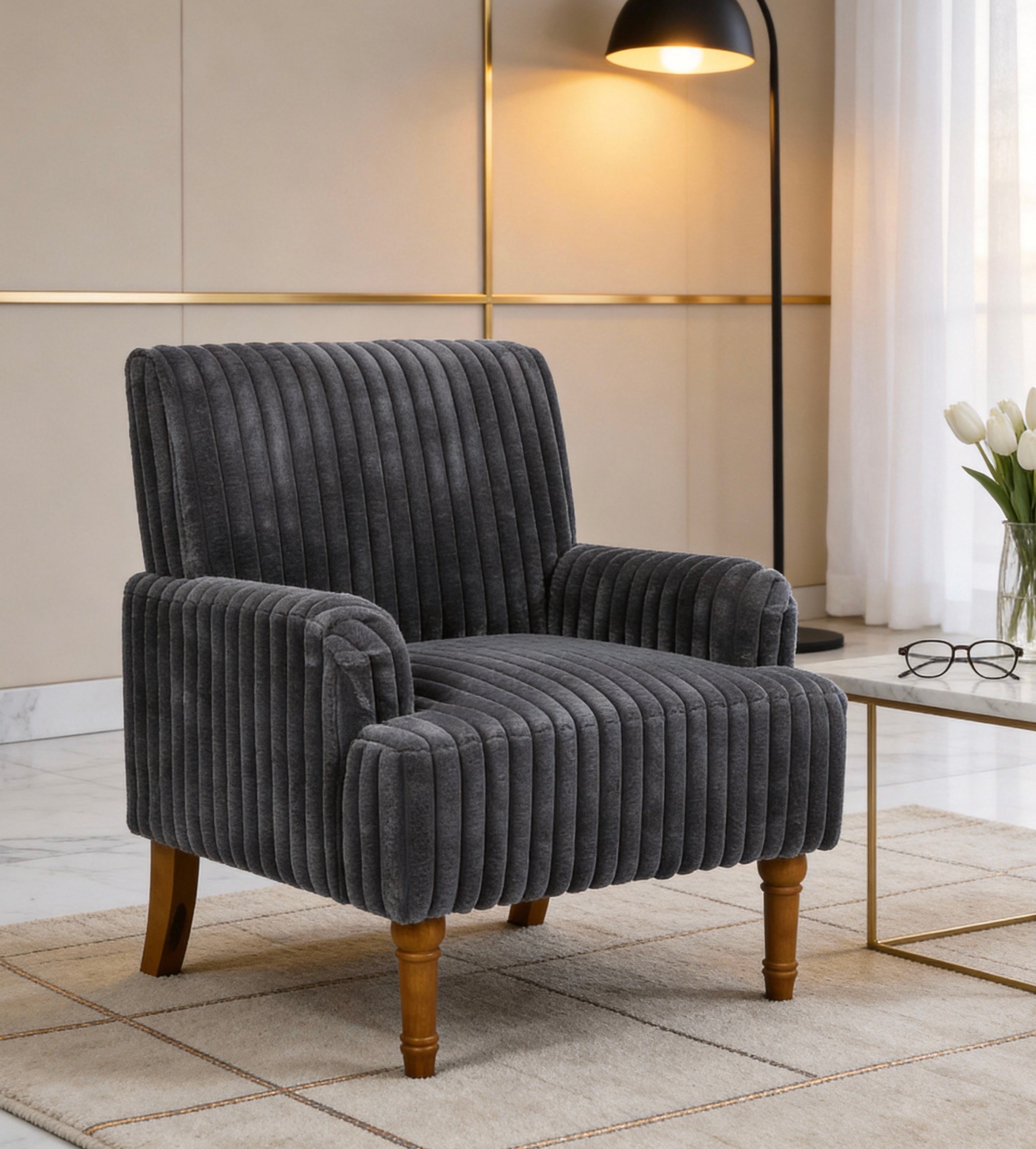 Wide Corduroy Upholstered Accent Chair, Mid-Century Modern Armchair with Turned Wood Legs