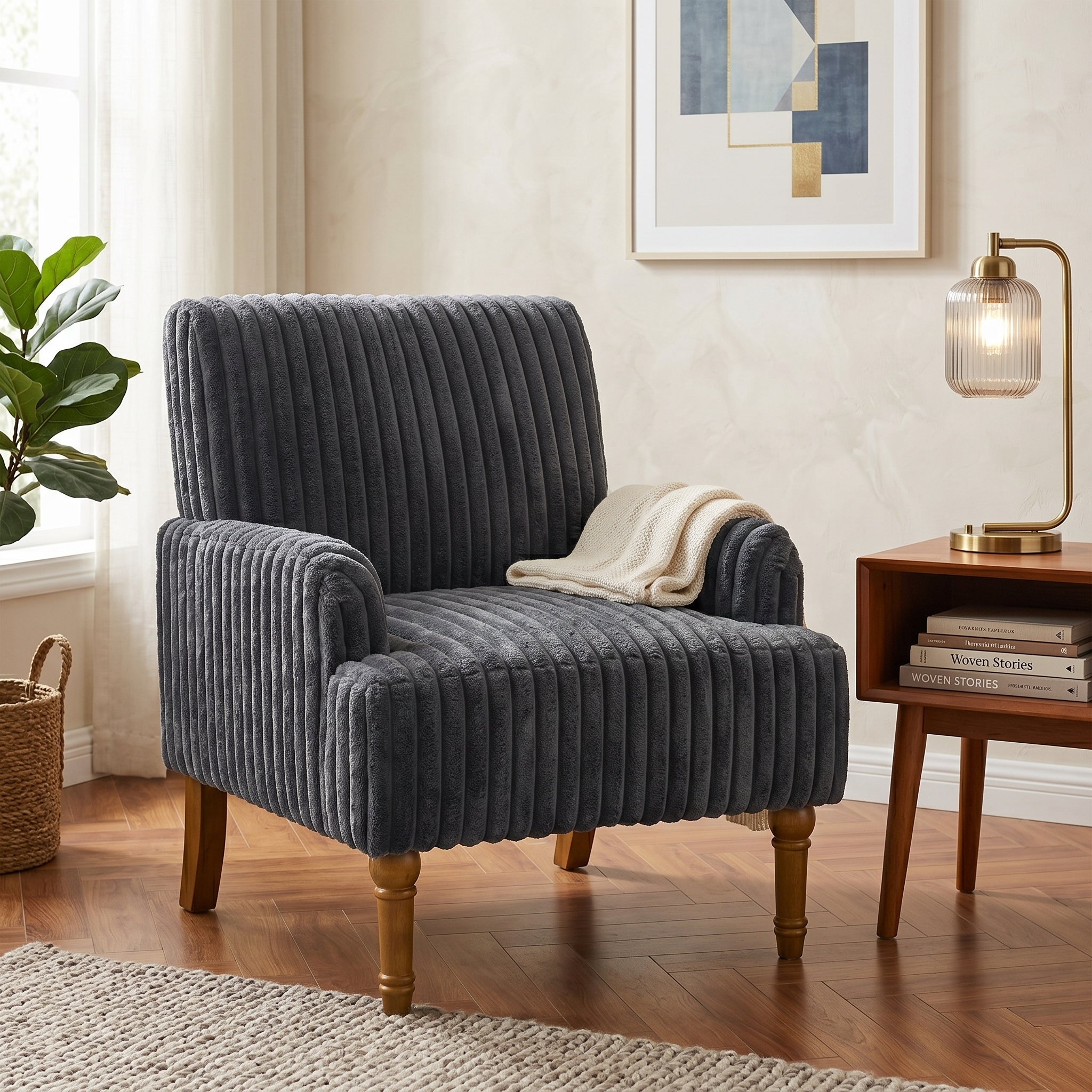 Wide Corduroy Upholstered Accent Chair, Mid-Century Modern Armchair with Turned Wood Legs