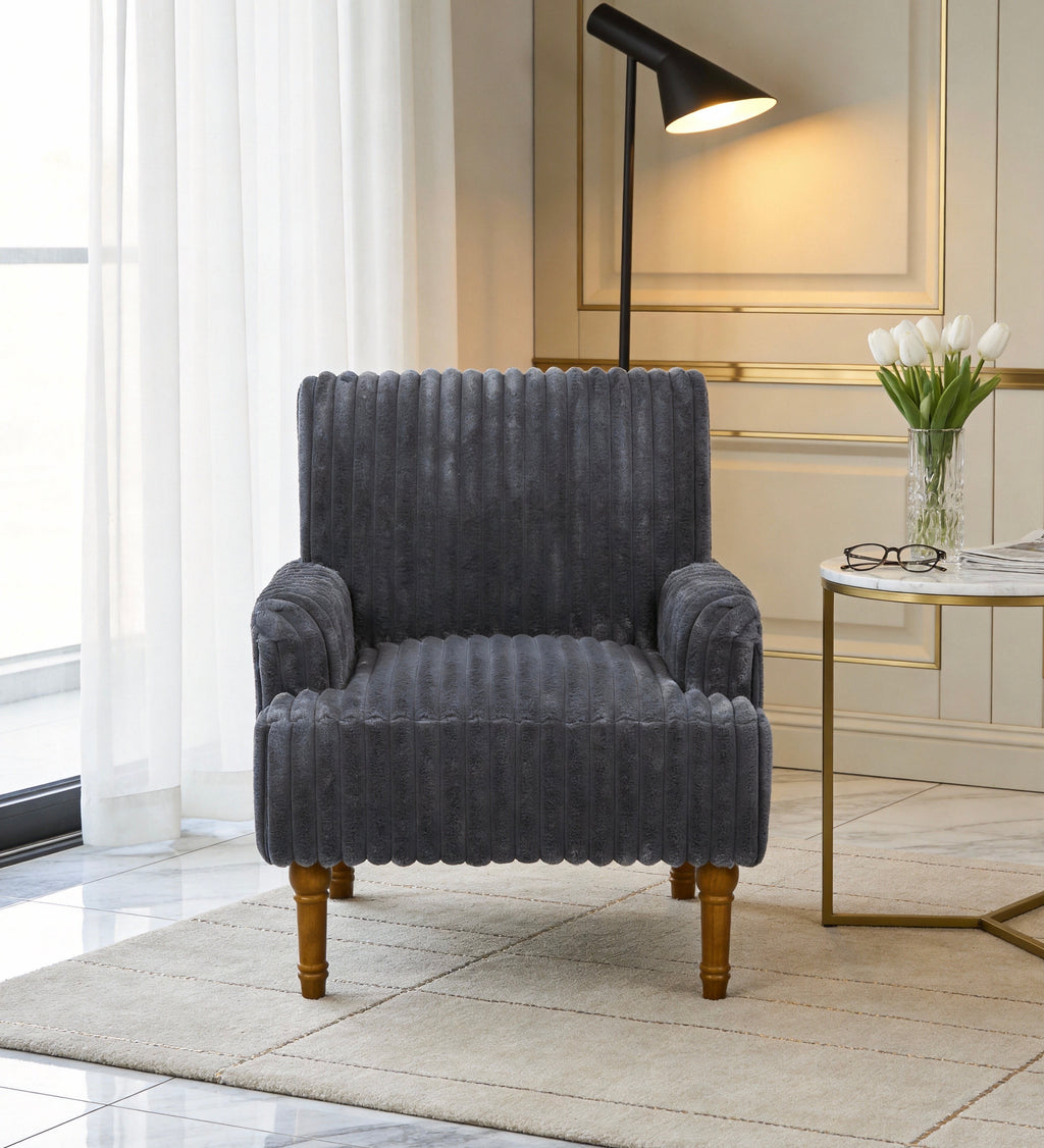 Wide Corduroy Upholstered Accent Chair, Mid-Century Modern Armchair with Turned Wood Legs