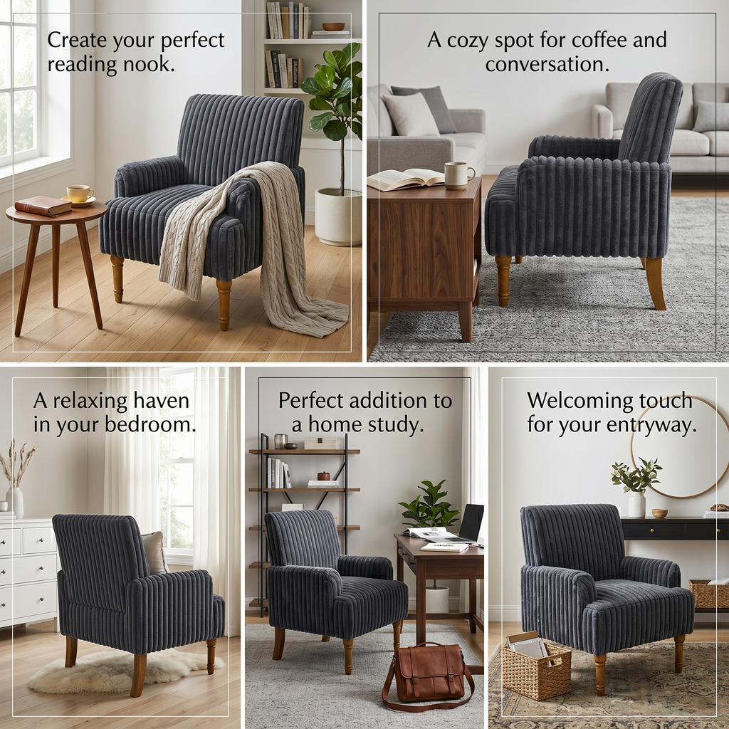 Wide Corduroy Upholstered Accent Chair, Mid-Century Modern Armchair with Turned Wood Legs