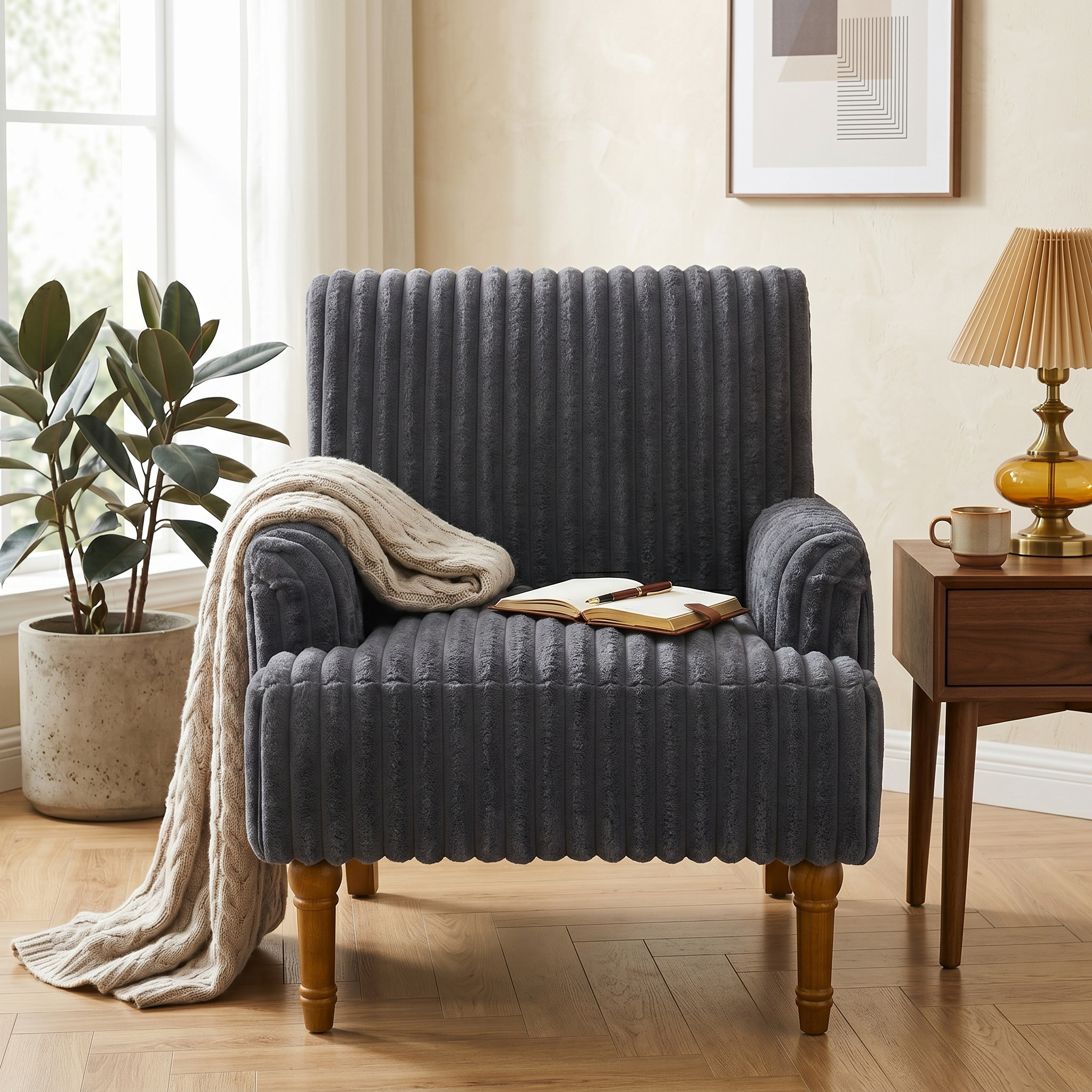 Wide Corduroy Upholstered Accent Chair, Mid-Century Modern Armchair with Turned Wood Legs