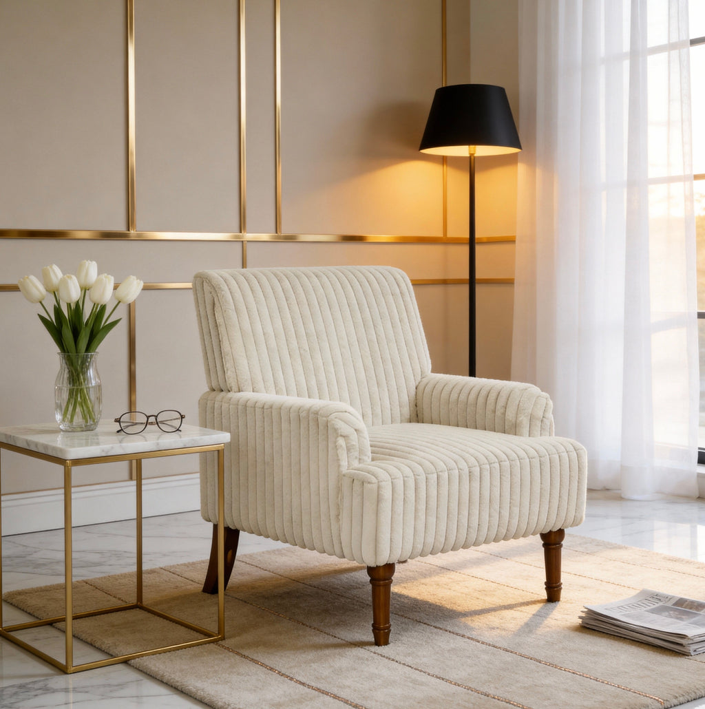 Wide Corduroy Upholstered Accent Chair, Mid-Century Modern Armchair with Turned Wood Legs