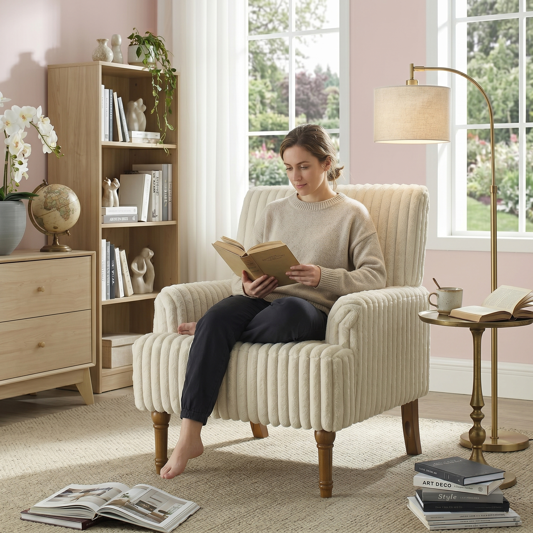 Wide Corduroy Upholstered Accent Chair, Mid-Century Modern Armchair with Turned Wood Legs