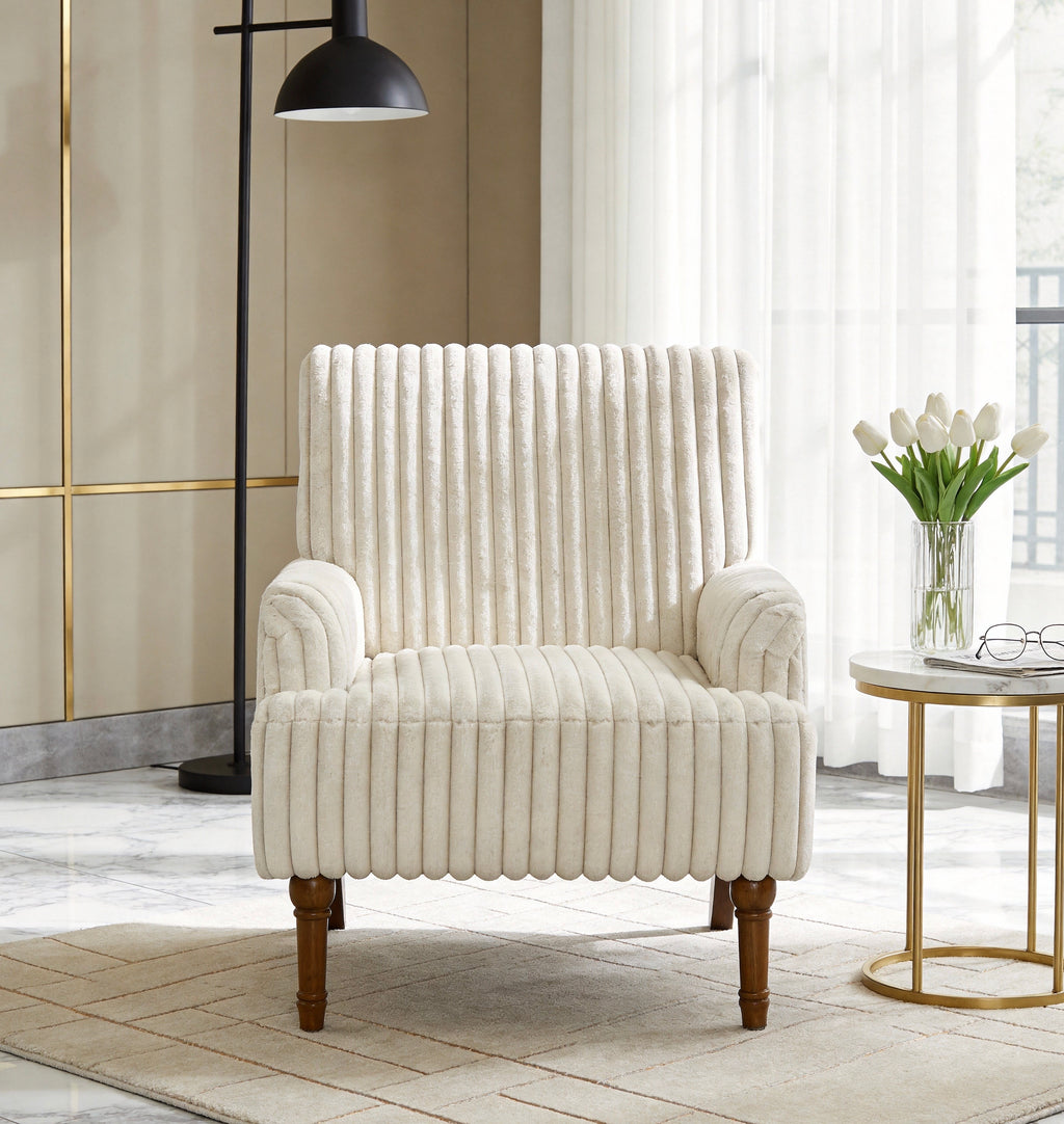 Wide Corduroy Upholstered Accent Chair, Mid-Century Modern Armchair with Turned Wood Legs