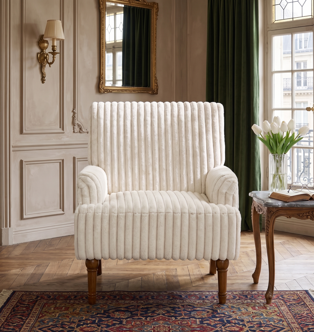Wide Corduroy Upholstered Accent Chair, Mid-Century Modern Armchair with Turned Wood Legs