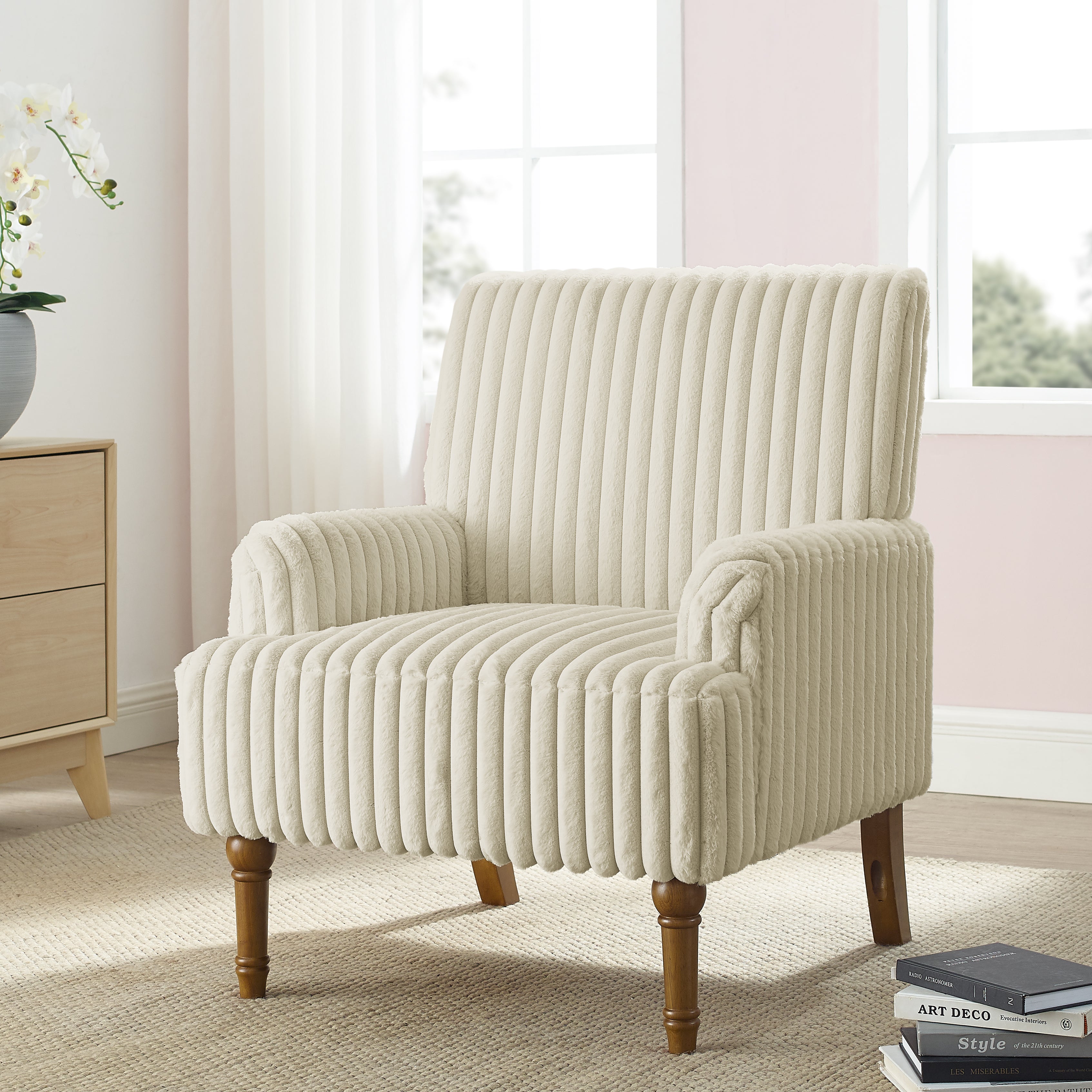 Wide Corduroy Upholstered Accent Chair, Mid-Century Modern Armchair with Turned Wood Legs