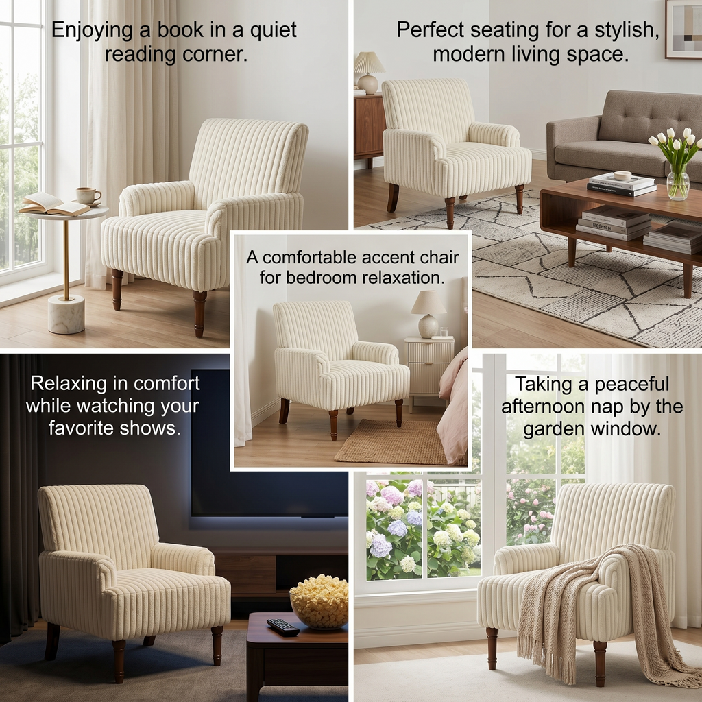 Wide Corduroy Upholstered Accent Chair, Mid-Century Modern Armchair with Turned Wood Legs