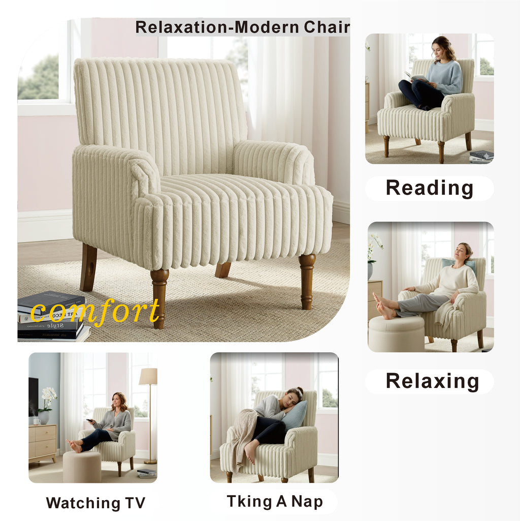 Wide Corduroy Upholstered Accent Chair, Mid-Century Modern Armchair with Turned Wood Legs