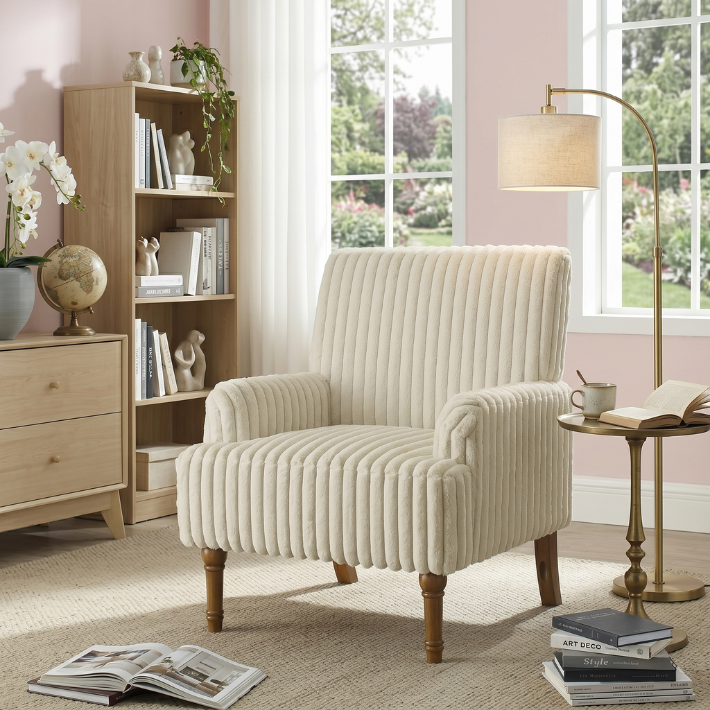 Wide Corduroy Upholstered Accent Chair, Mid-Century Modern Armchair with Turned Wood Legs