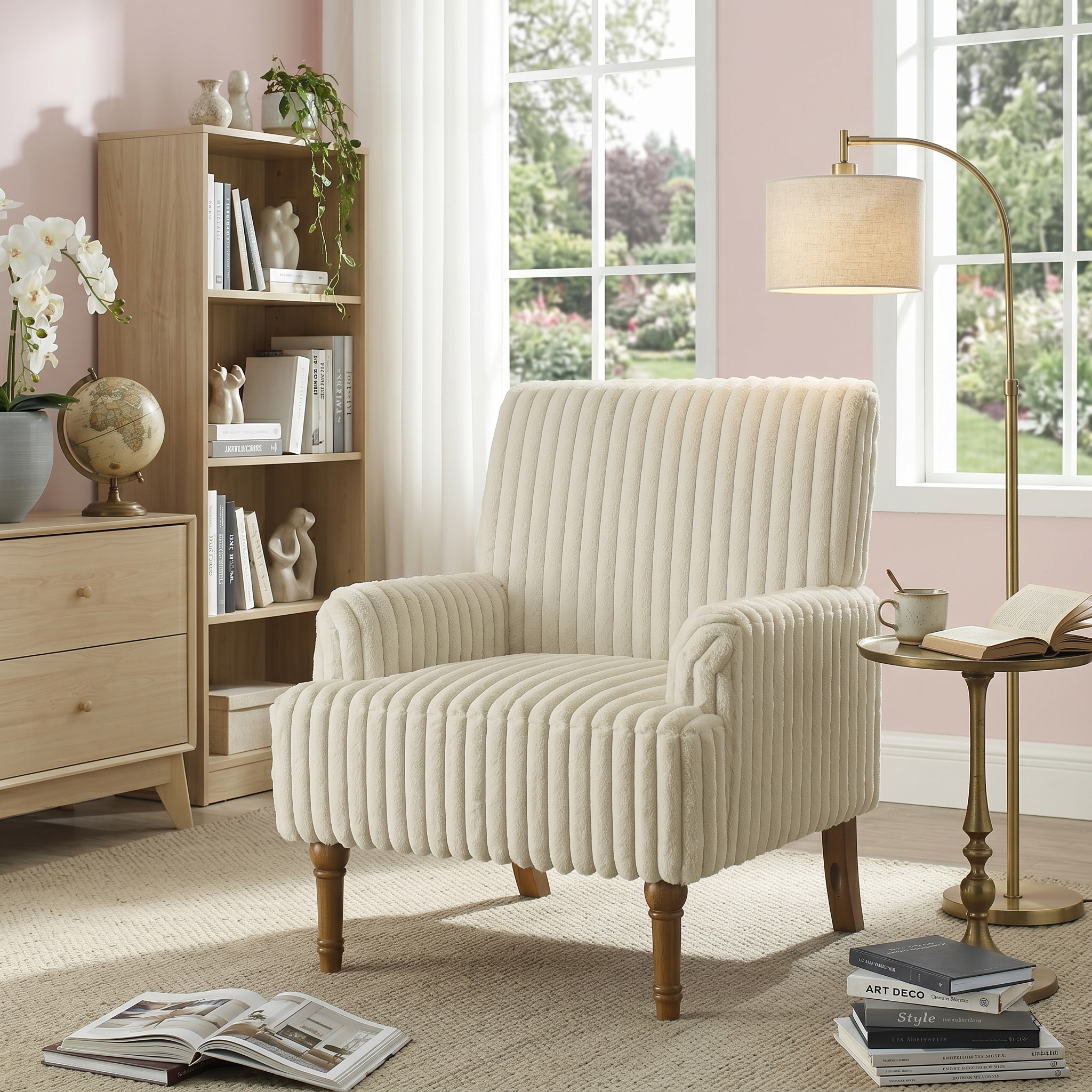 Wide Corduroy Upholstered Accent Chair, Mid-Century Modern Armchair with Turned Wood Legs