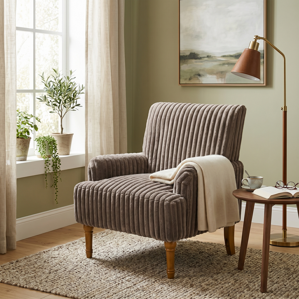 Wide Corduroy Upholstered Accent Chair, Mid-Century Modern Armchair with Turned Wood Legs
