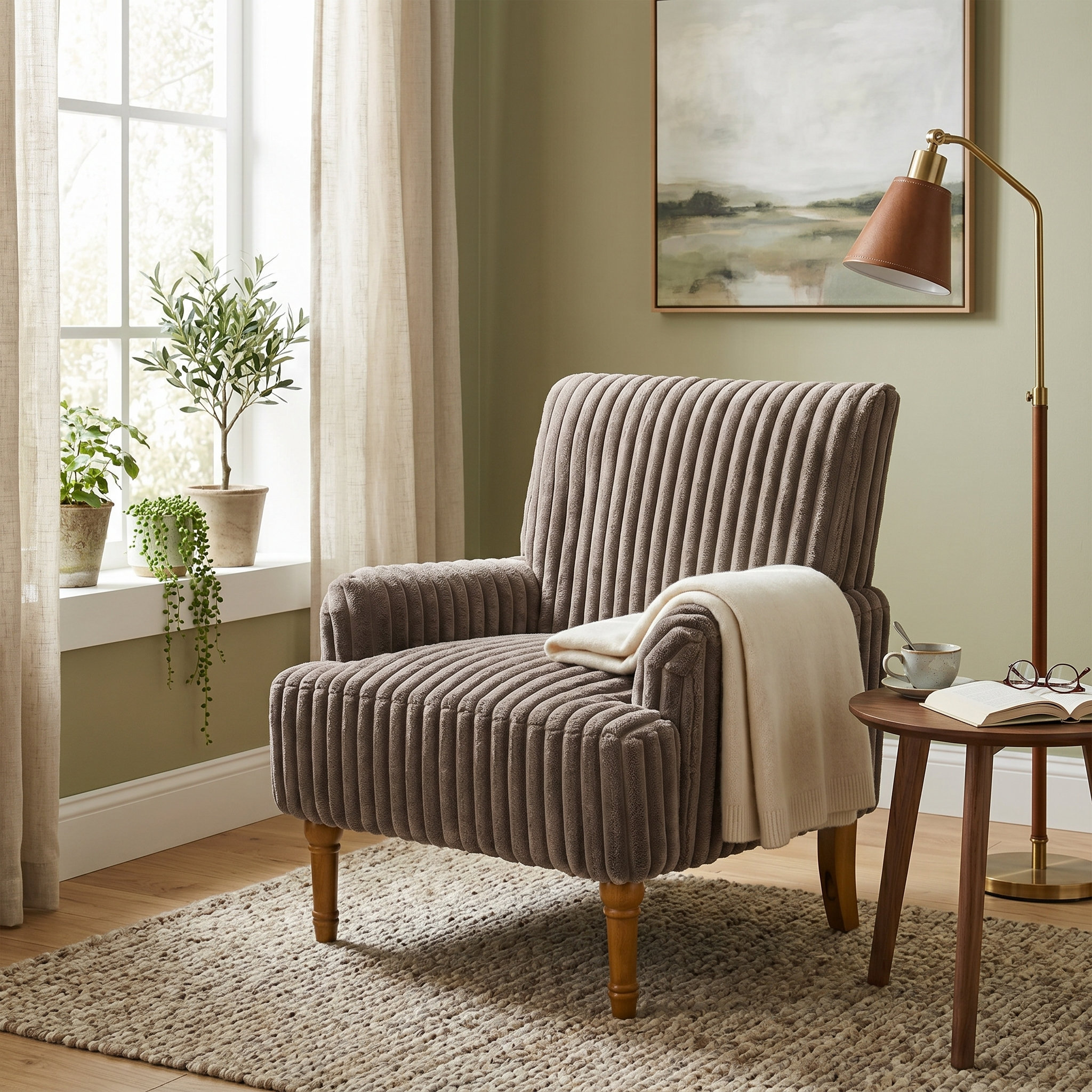 Wide Corduroy Upholstered Accent Chair, Mid-Century Modern Armchair with Turned Wood Legs