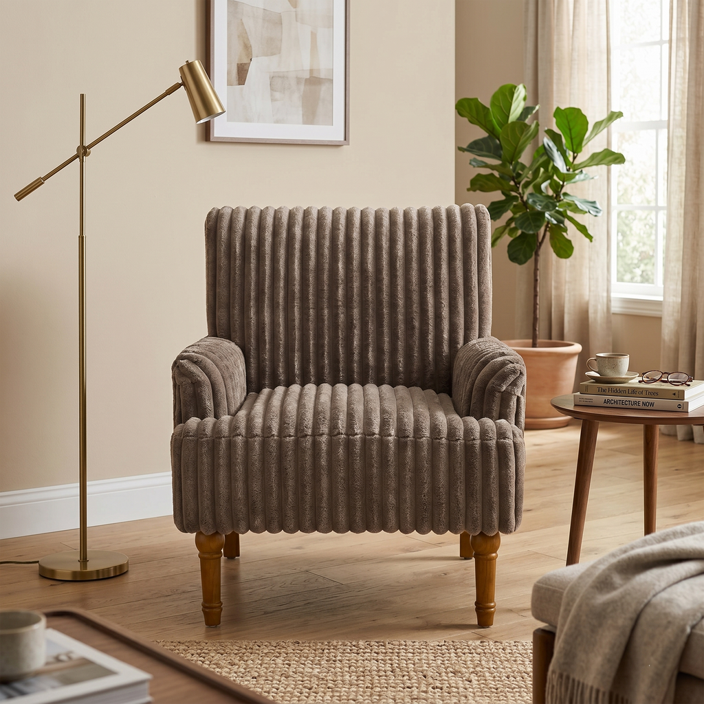 Wide Corduroy Upholstered Accent Chair, Mid-Century Modern Armchair with Turned Wood Legs