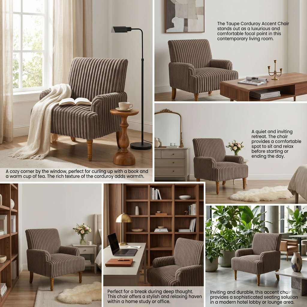 Wide Corduroy Upholstered Accent Chair, Mid-Century Modern Armchair with Turned Wood Legs