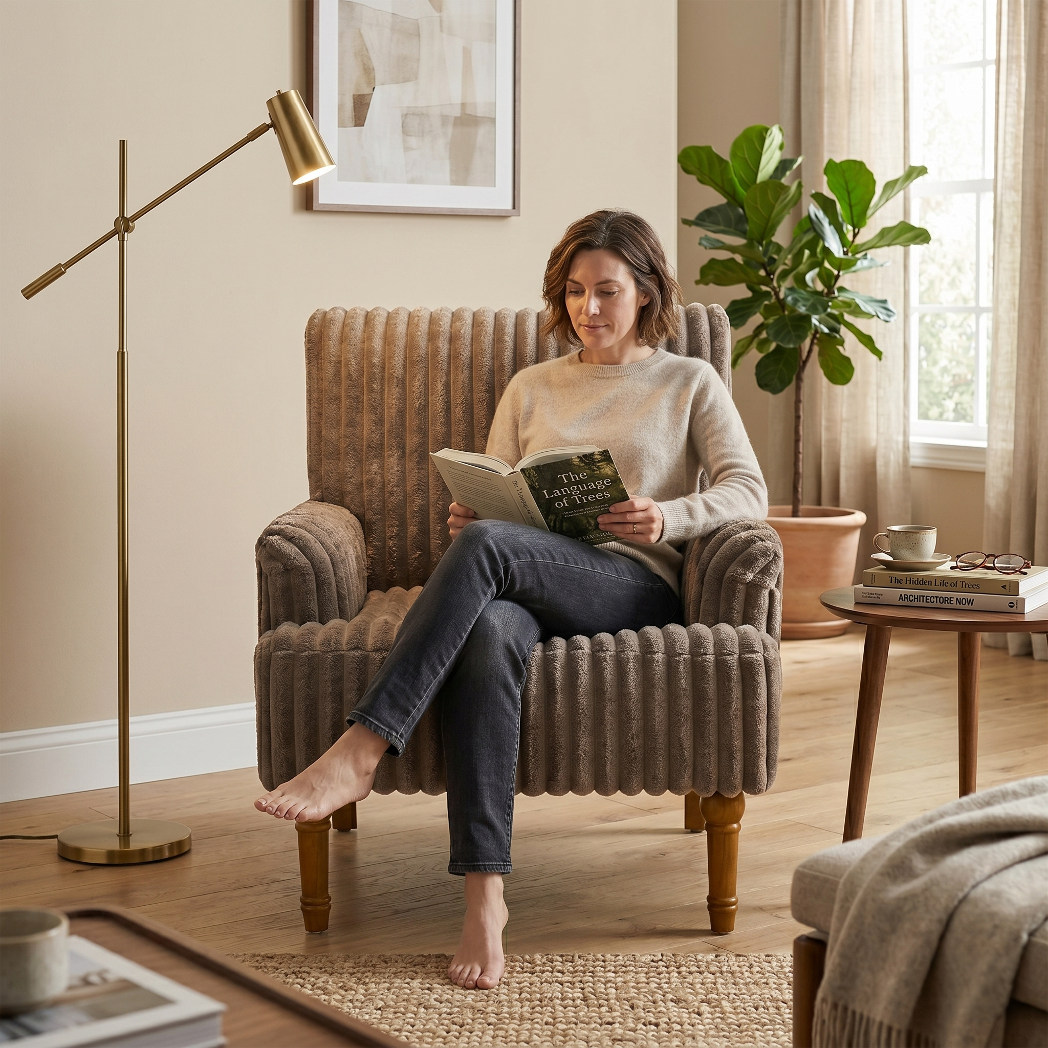 Wide Corduroy Upholstered Accent Chair, Mid-Century Modern Armchair with Turned Wood Legs