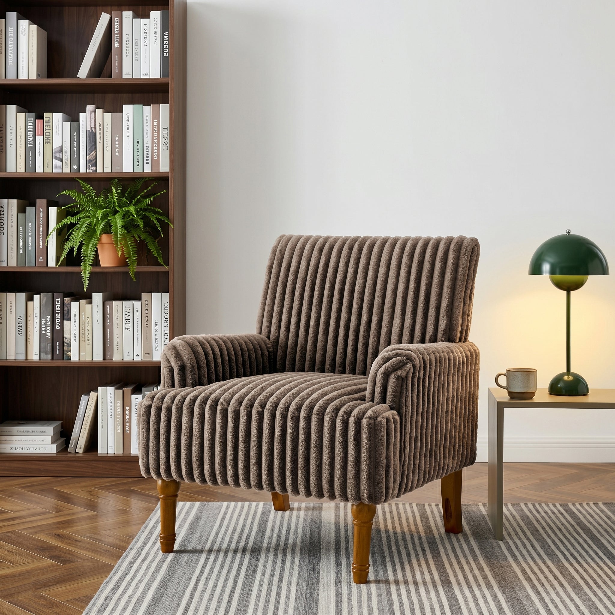 Wide Corduroy Upholstered Accent Chair, Mid-Century Modern Armchair with Turned Wood Legs