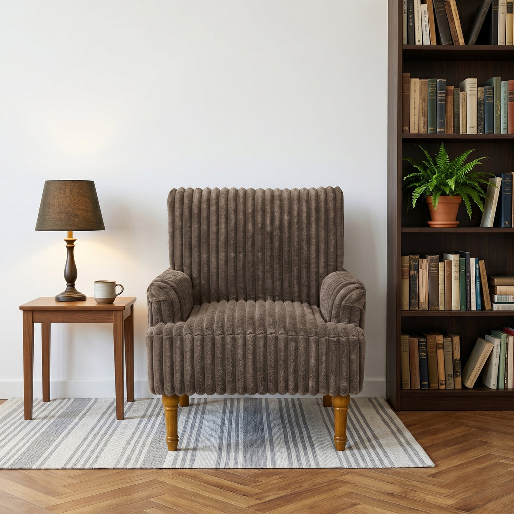 Wide Corduroy Upholstered Accent Chair, Mid-Century Modern Armchair with Turned Wood Legs