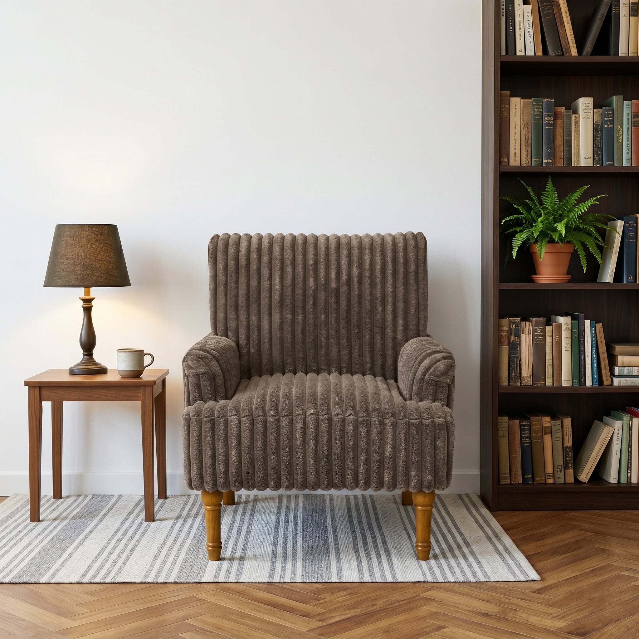 Wide Corduroy Upholstered Accent Chair, Mid-Century Modern Armchair with Turned Wood Legs