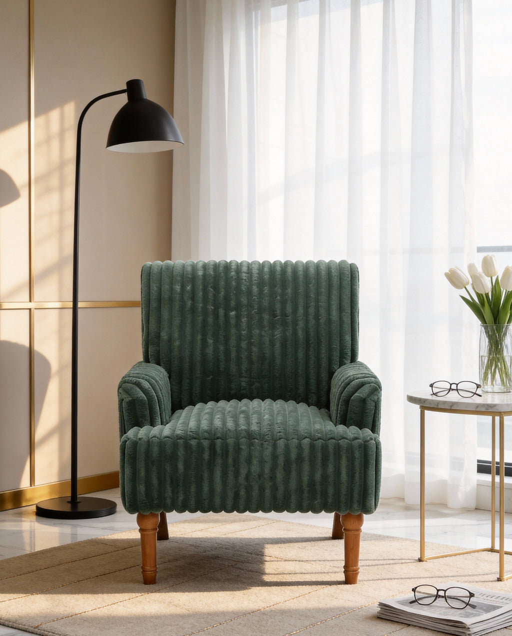 Wide Corduroy Upholstered Accent Chair, Mid-Century Modern Armchair with Turned Wood Legs