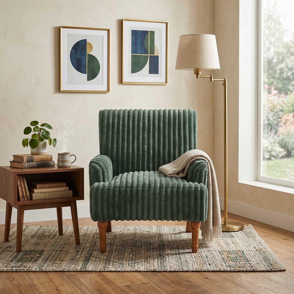Wide Corduroy Upholstered Accent Chair, Mid-Century Modern Armchair with Turned Wood Legs