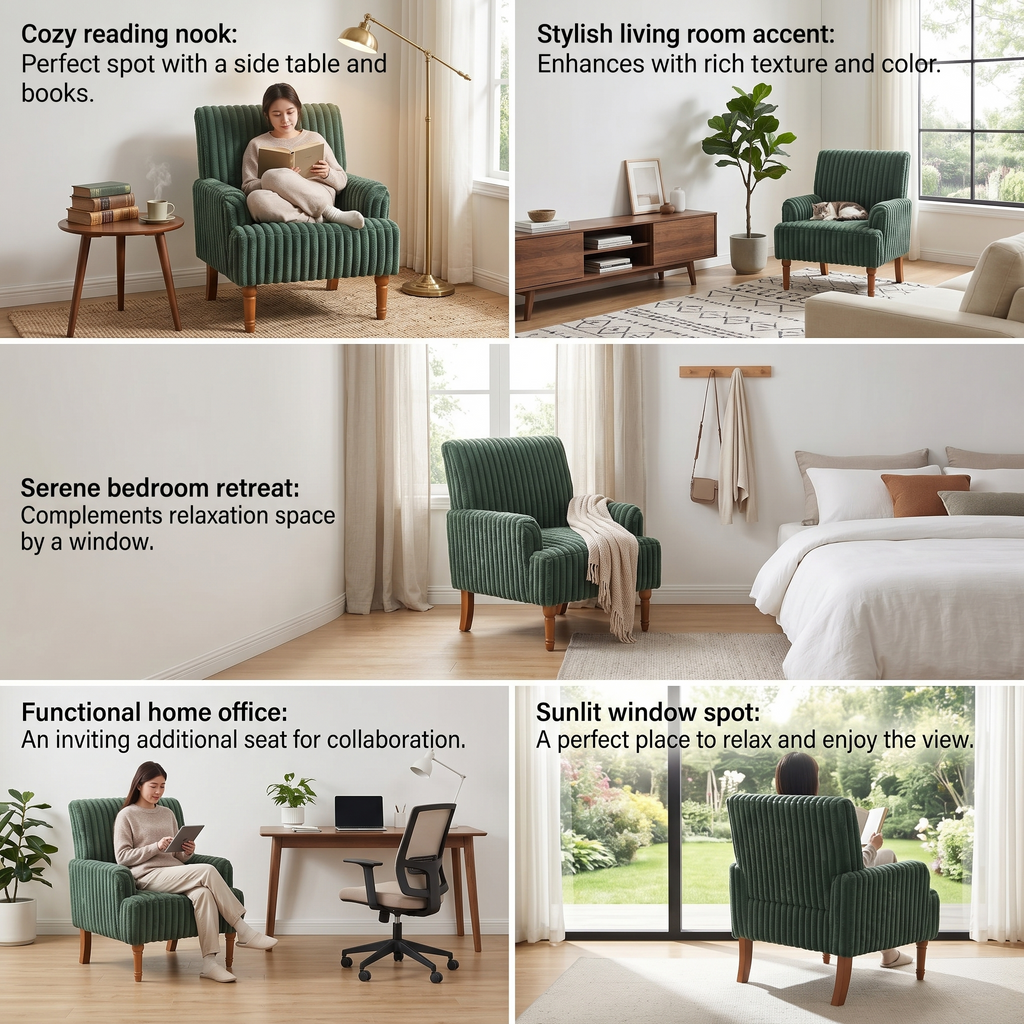 Wide Corduroy Upholstered Accent Chair, Mid-Century Modern Armchair with Turned Wood Legs