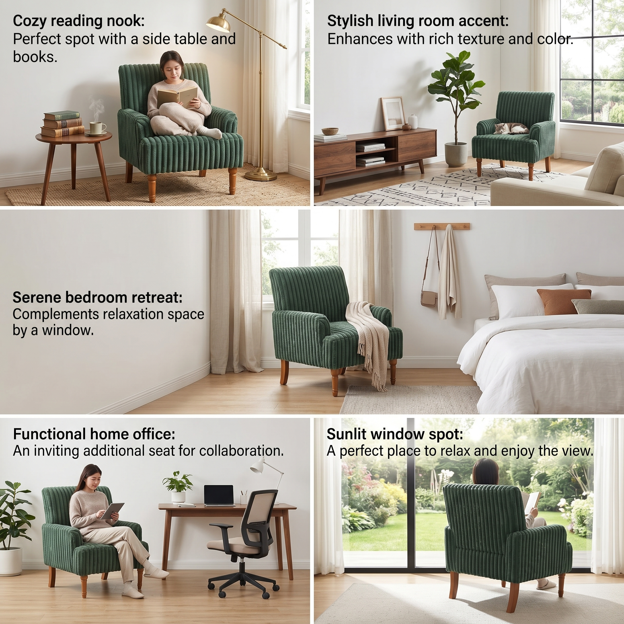 Wide Corduroy Upholstered Accent Chair, Mid-Century Modern Armchair with Turned Wood Legs
