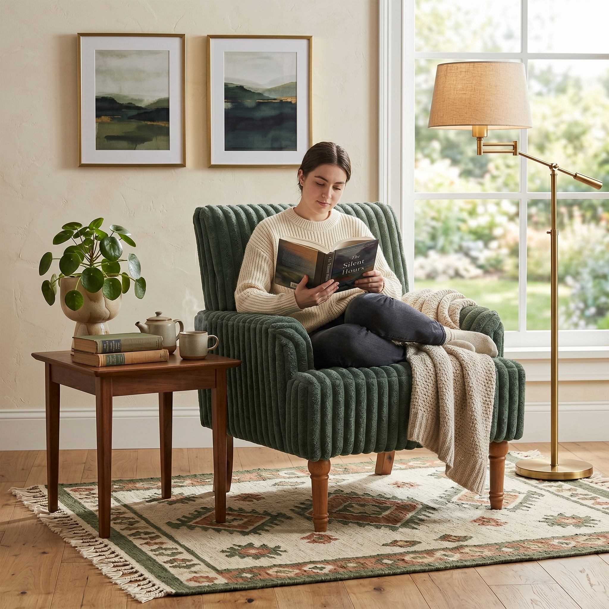 Wide Corduroy Upholstered Accent Chair, Mid-Century Modern Armchair with Turned Wood Legs