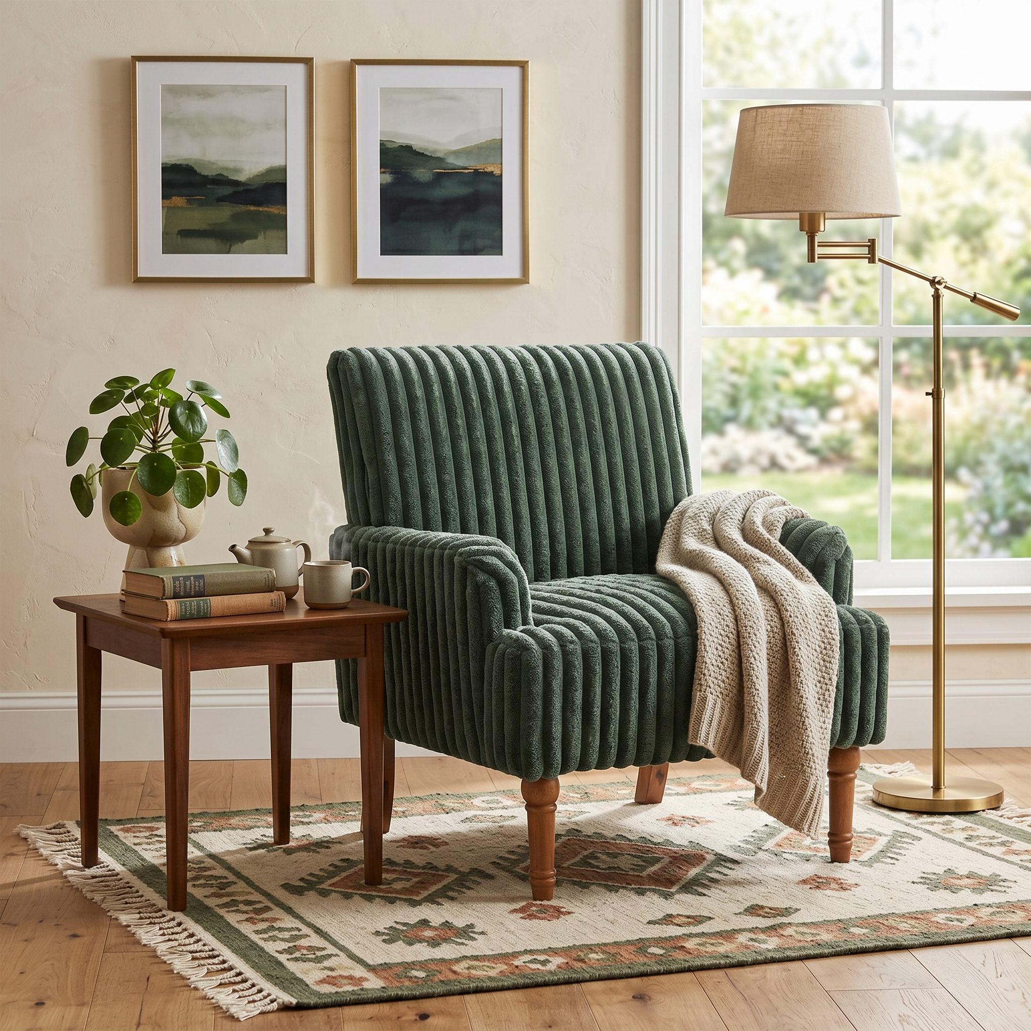 Wide Corduroy Upholstered Accent Chair, Mid-Century Modern Armchair with Turned Wood Legs