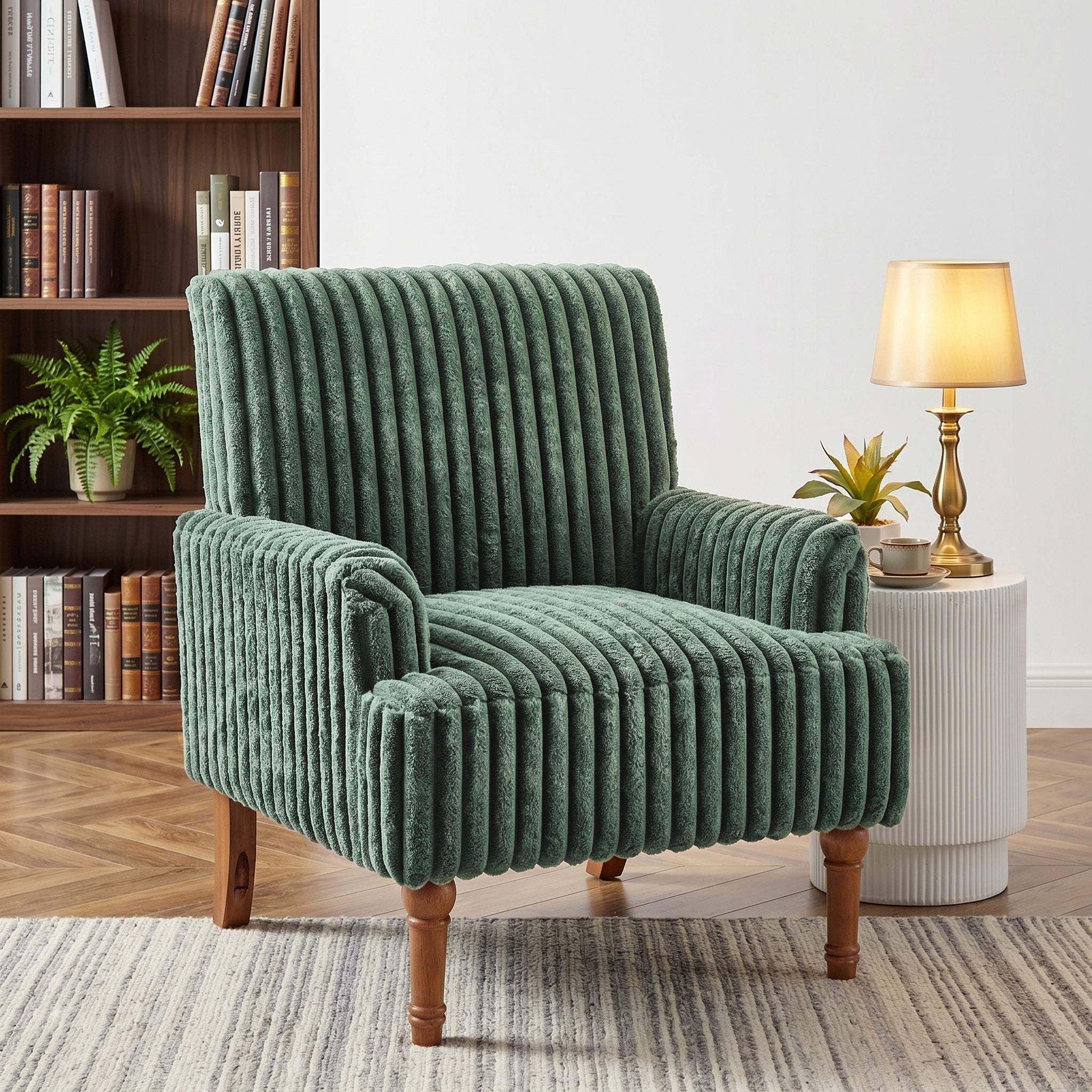 Wide Corduroy Upholstered Accent Chair, Mid-Century Modern Armchair with Turned Wood Legs