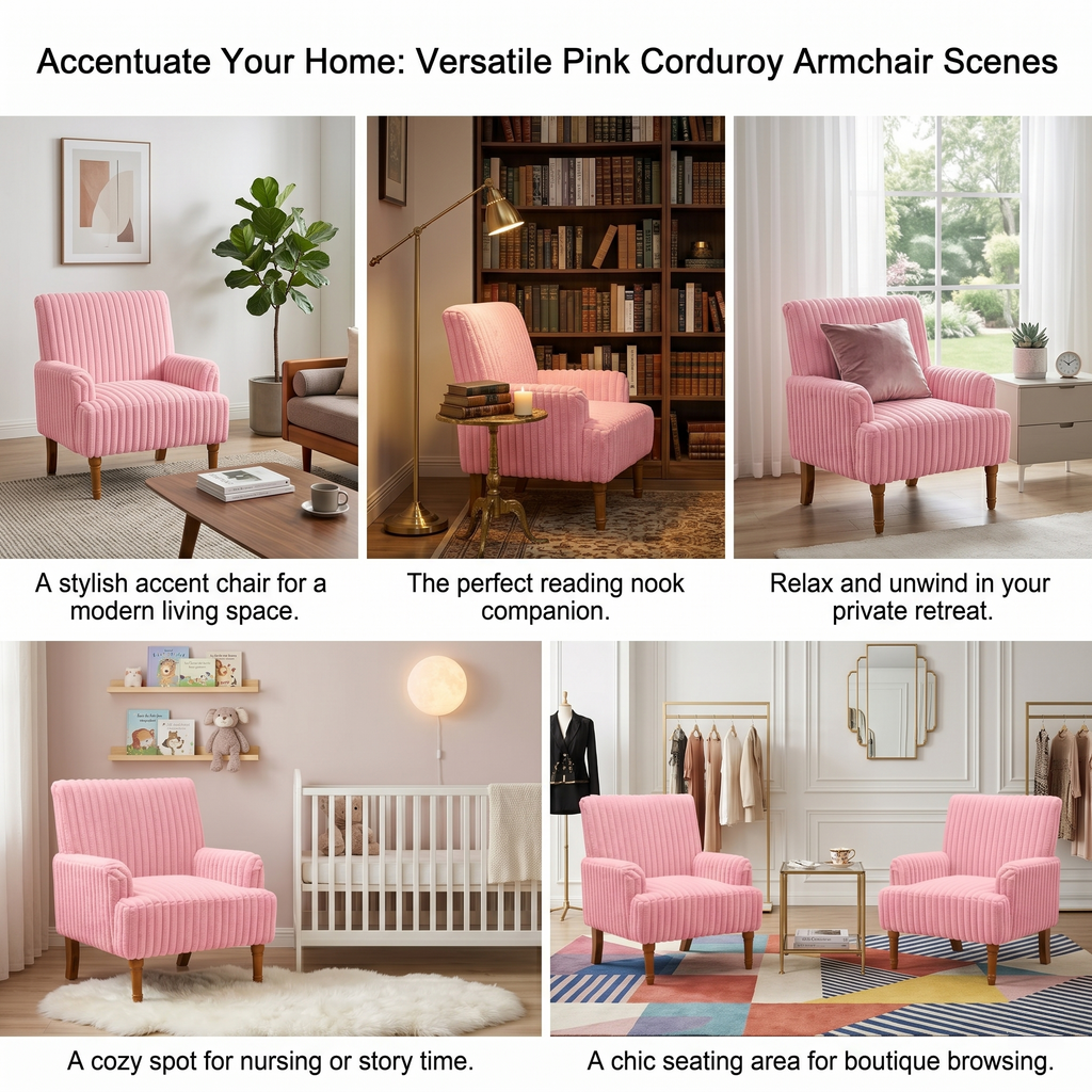 Wide Corduroy Upholstered Accent Chair, Mid-Century Modern Armchair with Turned Wood Legs