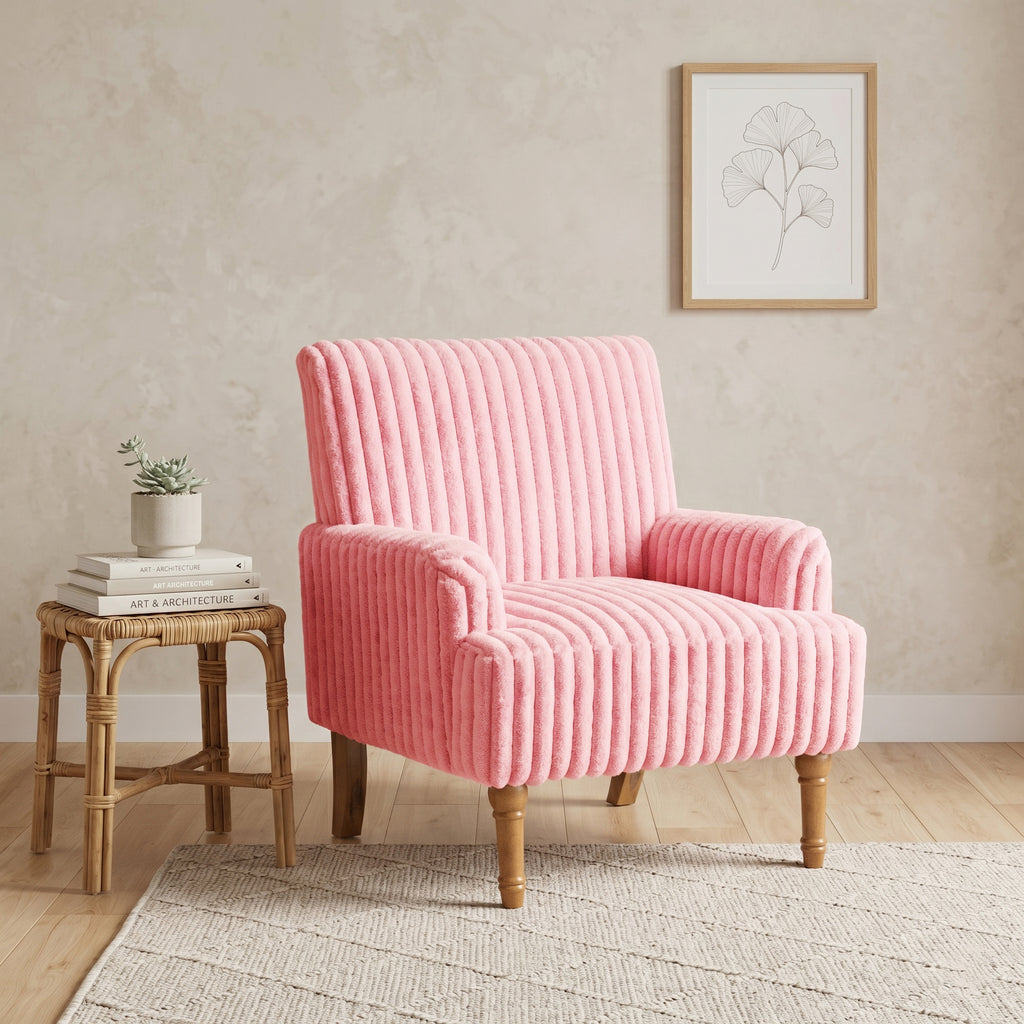 Wide Corduroy Upholstered Accent Chair, Mid-Century Modern Armchair with Turned Wood Legs
