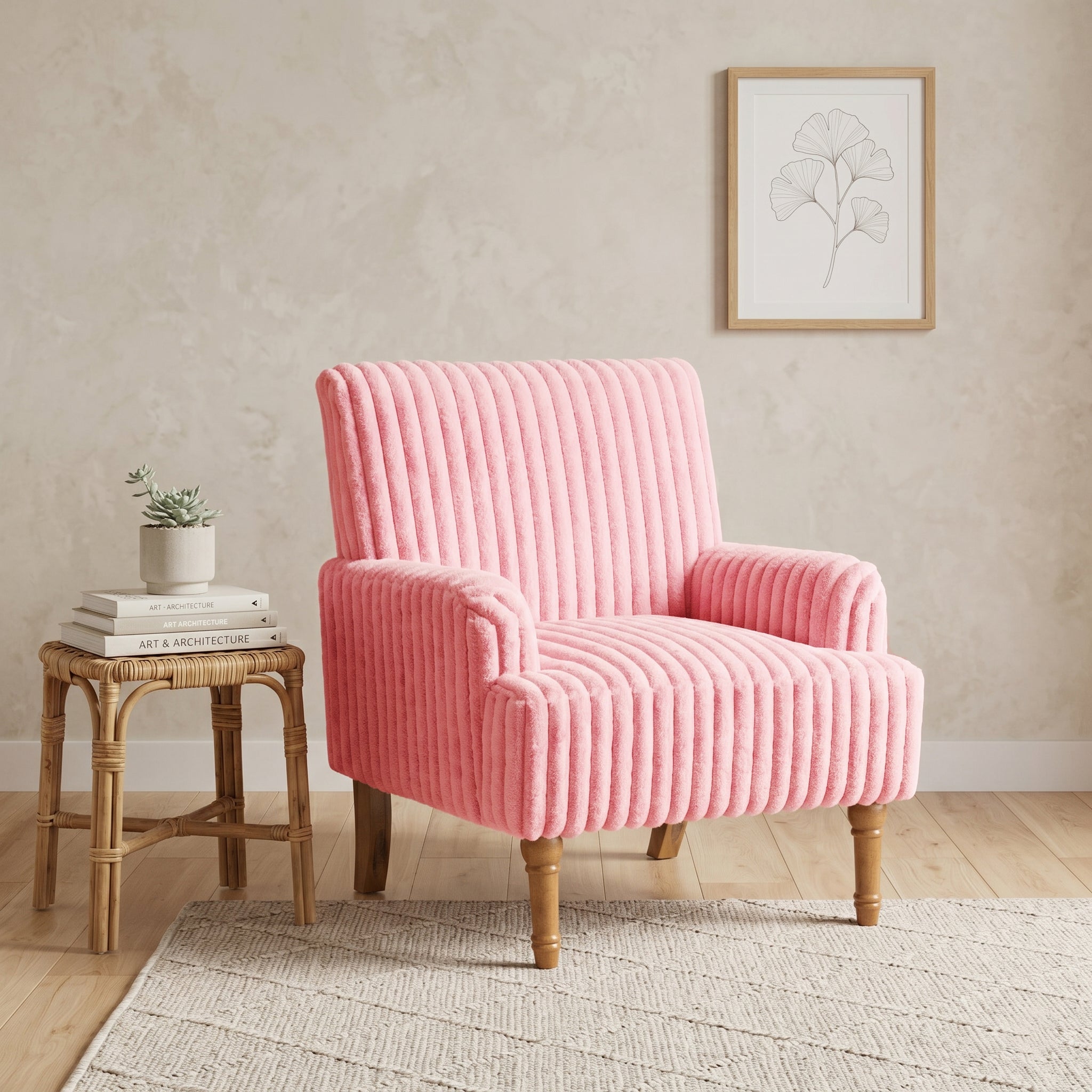 Wide Corduroy Upholstered Accent Chair, Mid-Century Modern Armchair with Turned Wood Legs
