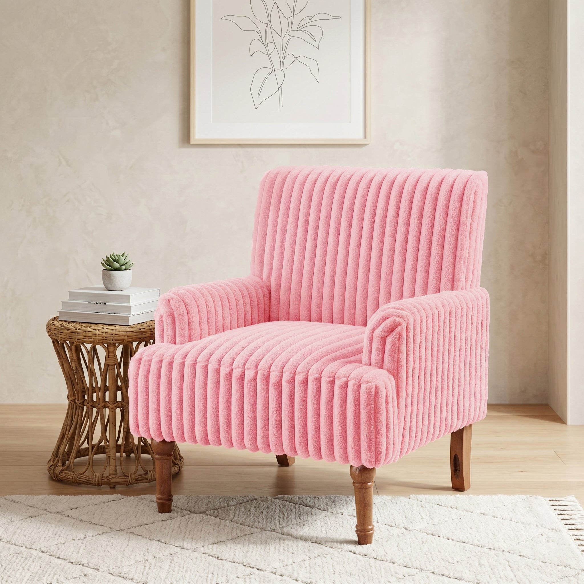 Wide Corduroy Upholstered Accent Chair, Mid-Century Modern Armchair with Turned Wood Legs
