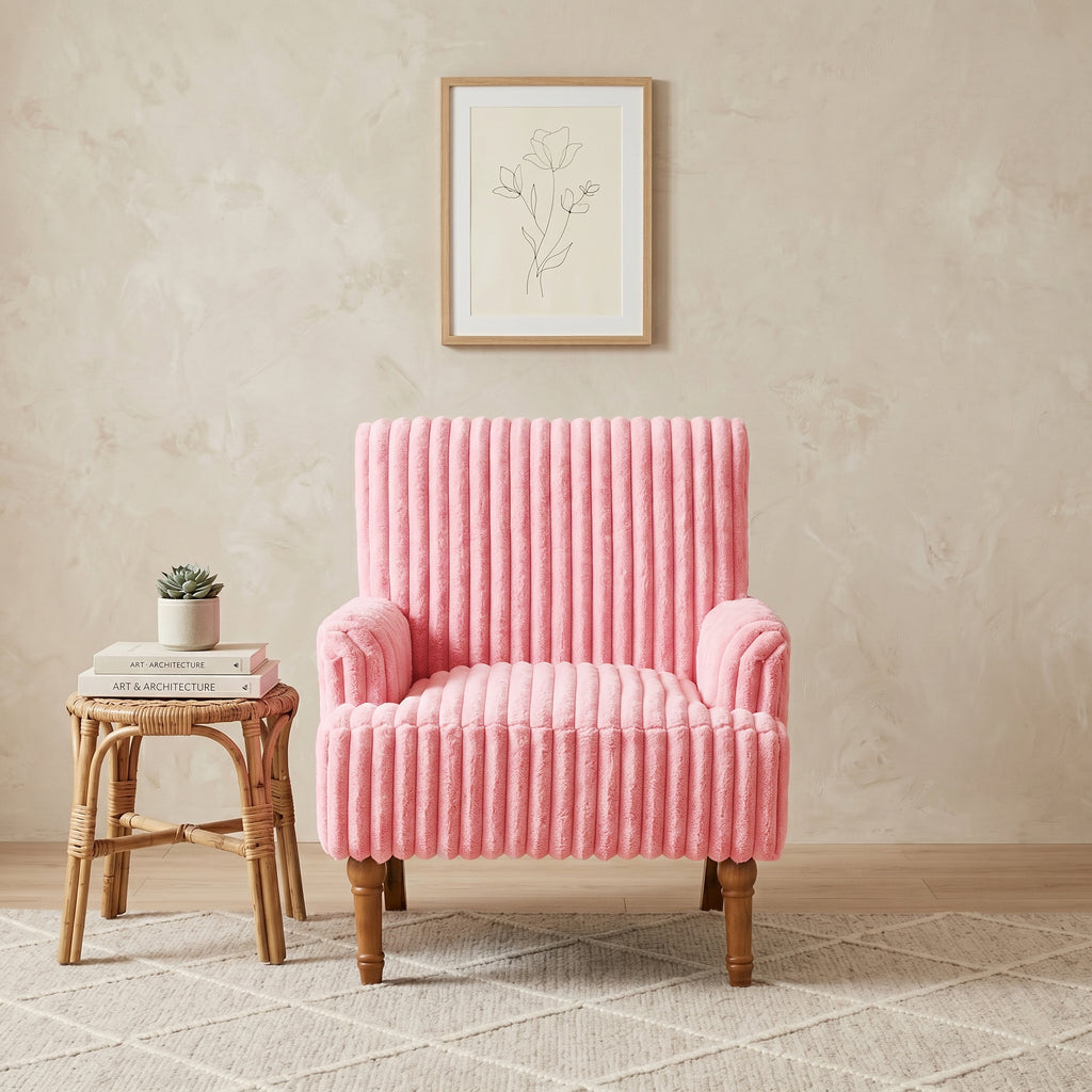 Wide Corduroy Upholstered Accent Chair, Mid-Century Modern Armchair with Turned Wood Legs