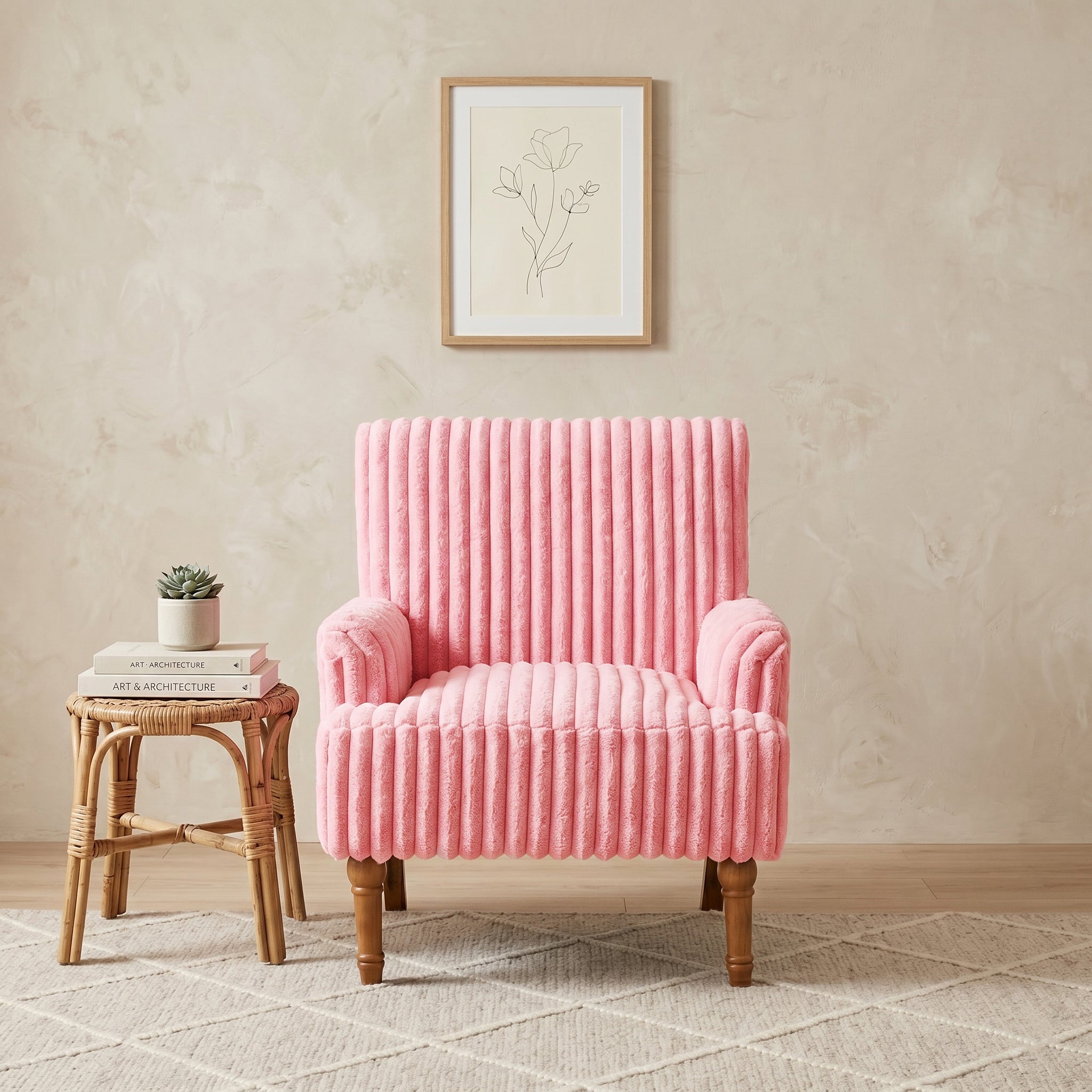 Wide Corduroy Upholstered Accent Chair, Mid-Century Modern Armchair with Turned Wood Legs