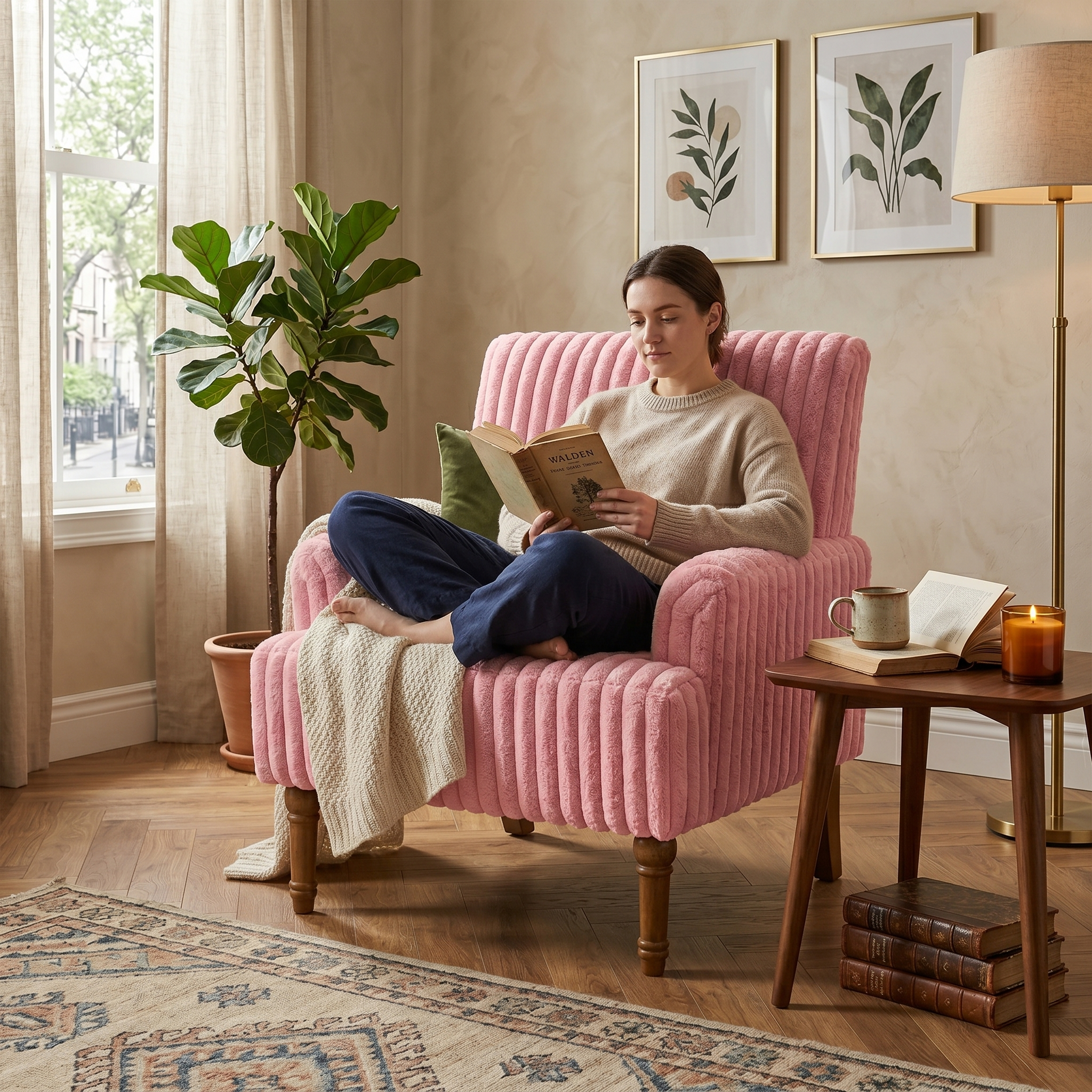 Wide Corduroy Upholstered Accent Chair, Mid-Century Modern Armchair with Turned Wood Legs