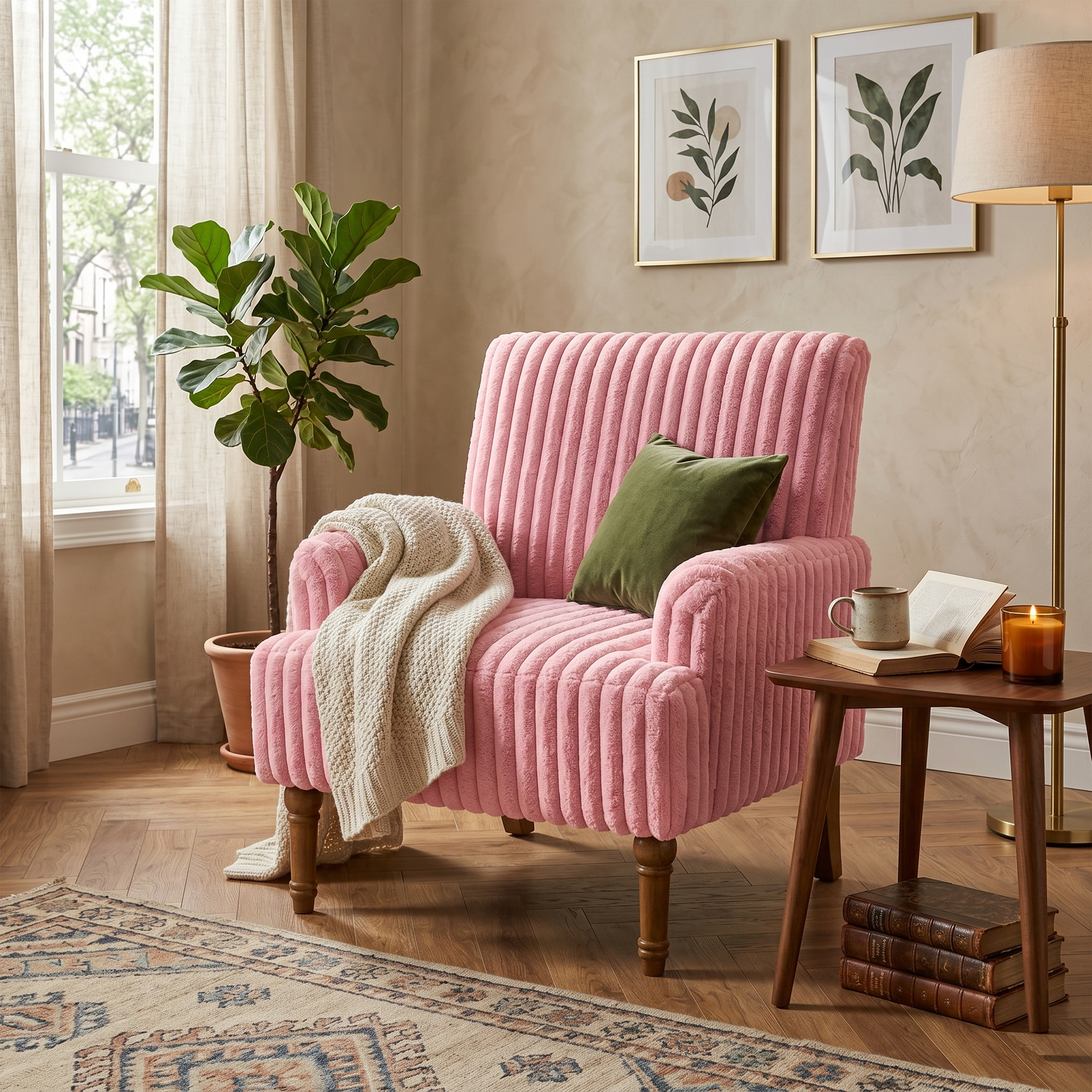 Wide Corduroy Upholstered Accent Chair, Mid-Century Modern Armchair with Turned Wood Legs