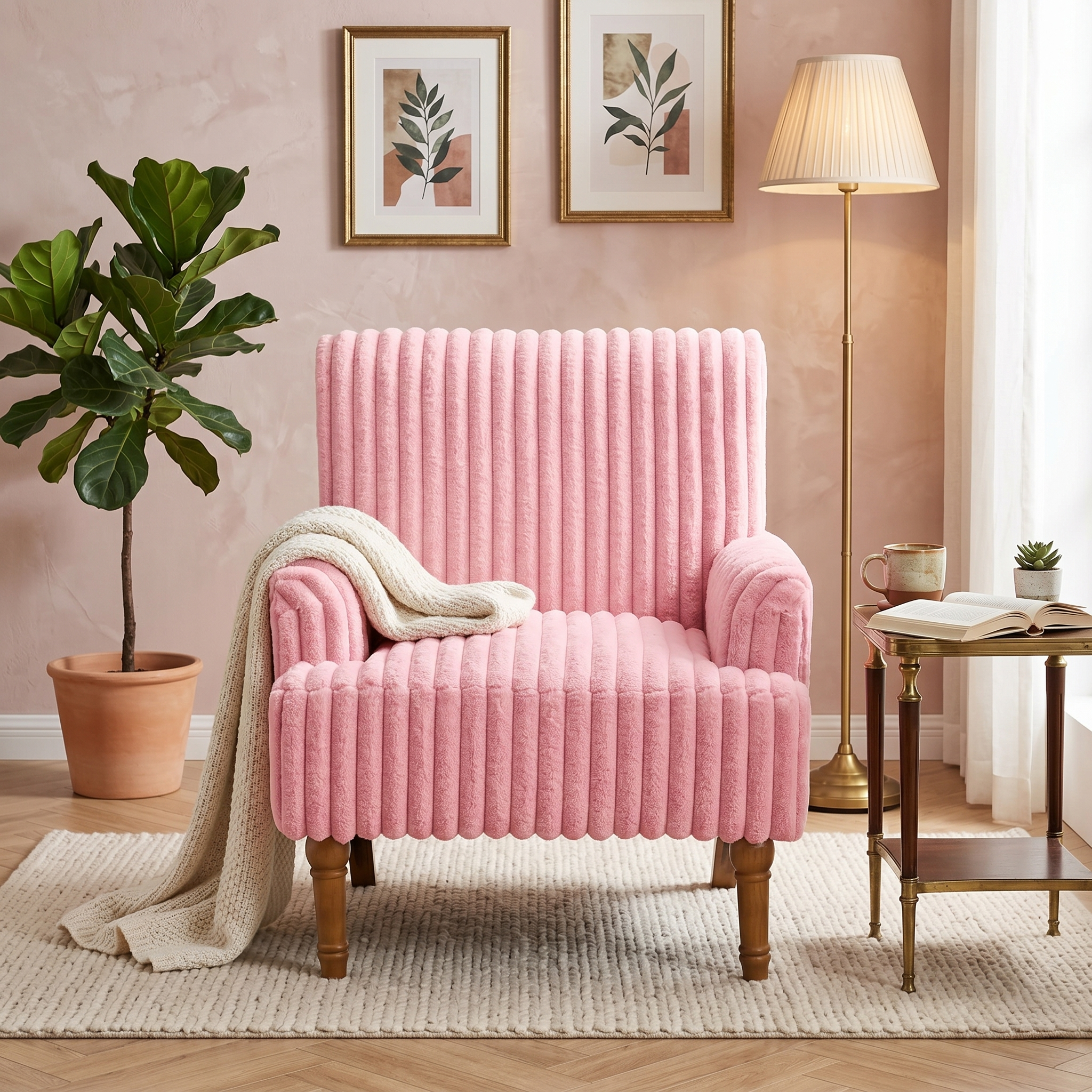Wide Corduroy Upholstered Accent Chair, Mid-Century Modern Armchair with Turned Wood Legs