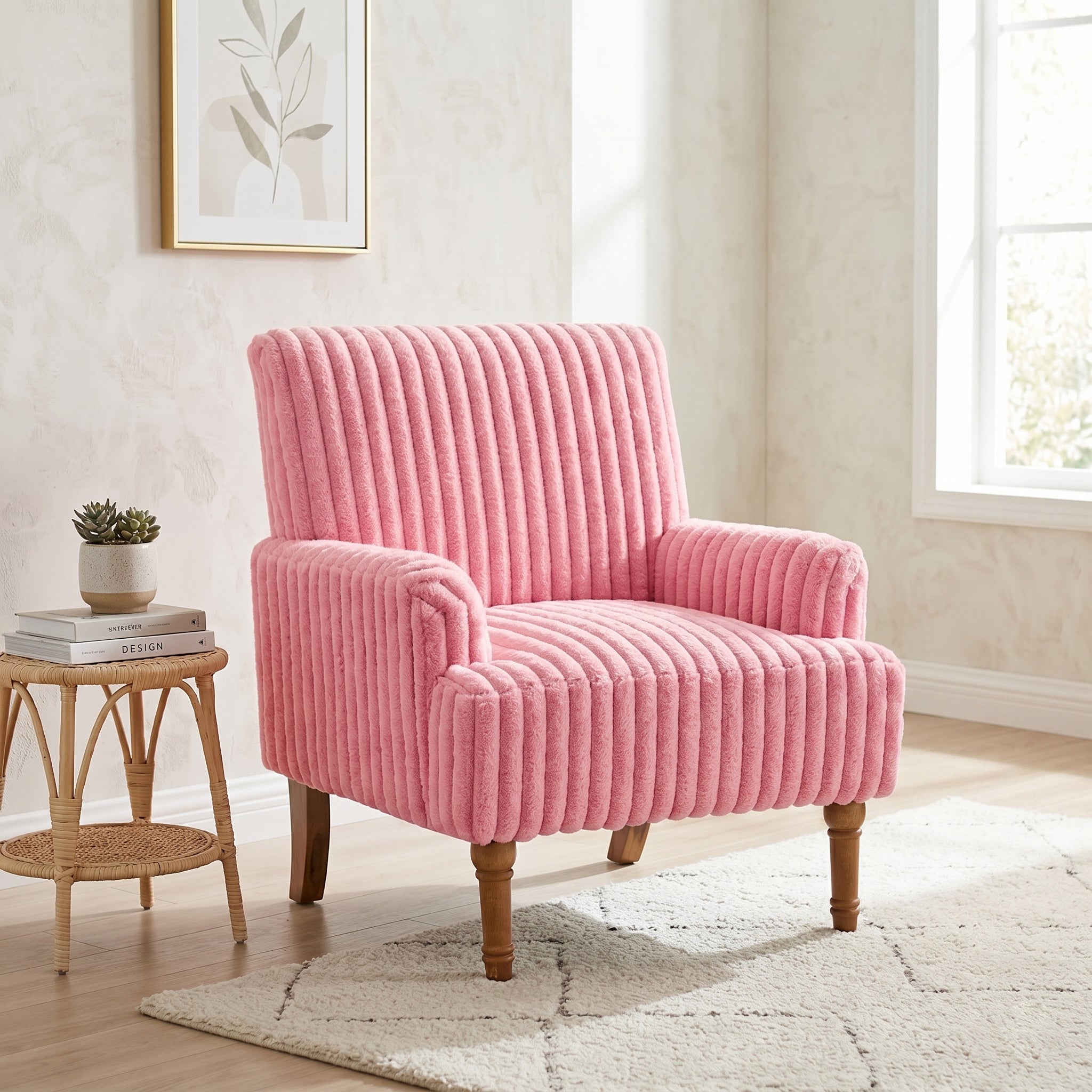 Wide Corduroy Upholstered Accent Chair, Mid-Century Modern Armchair with Turned Wood Legs