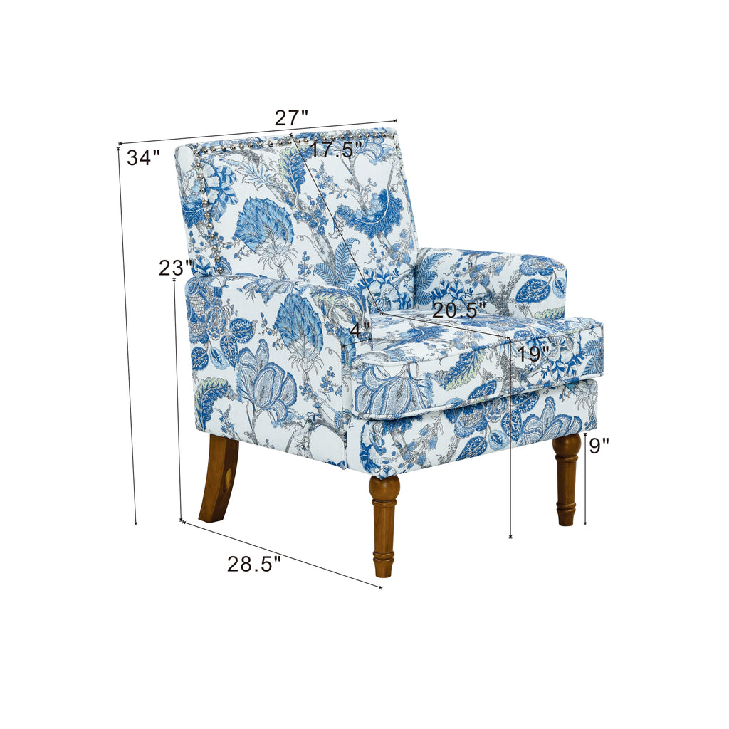 27" Wide Floral Upholstered Accent Chair with Nailhead Trim, Contemporary Botanical Armchair with Wood Turned Legs