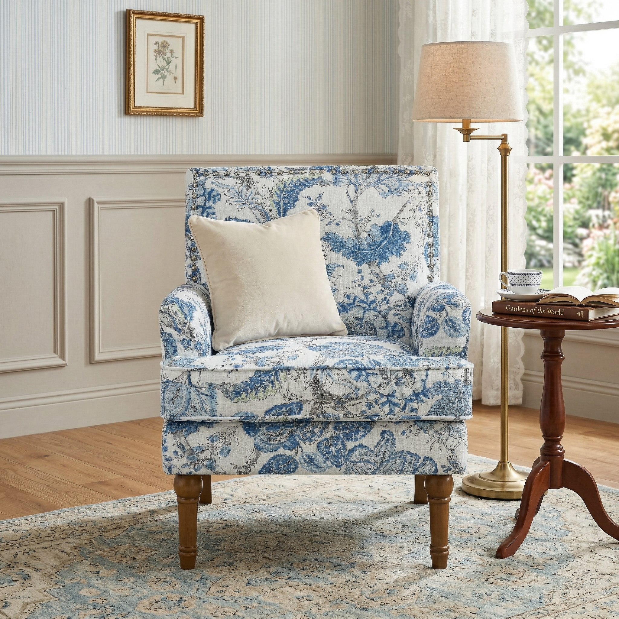 27" Wide Floral Upholstered Accent Chair with Nailhead Trim, Contemporary Botanical Armchair with Wood Turned Legs