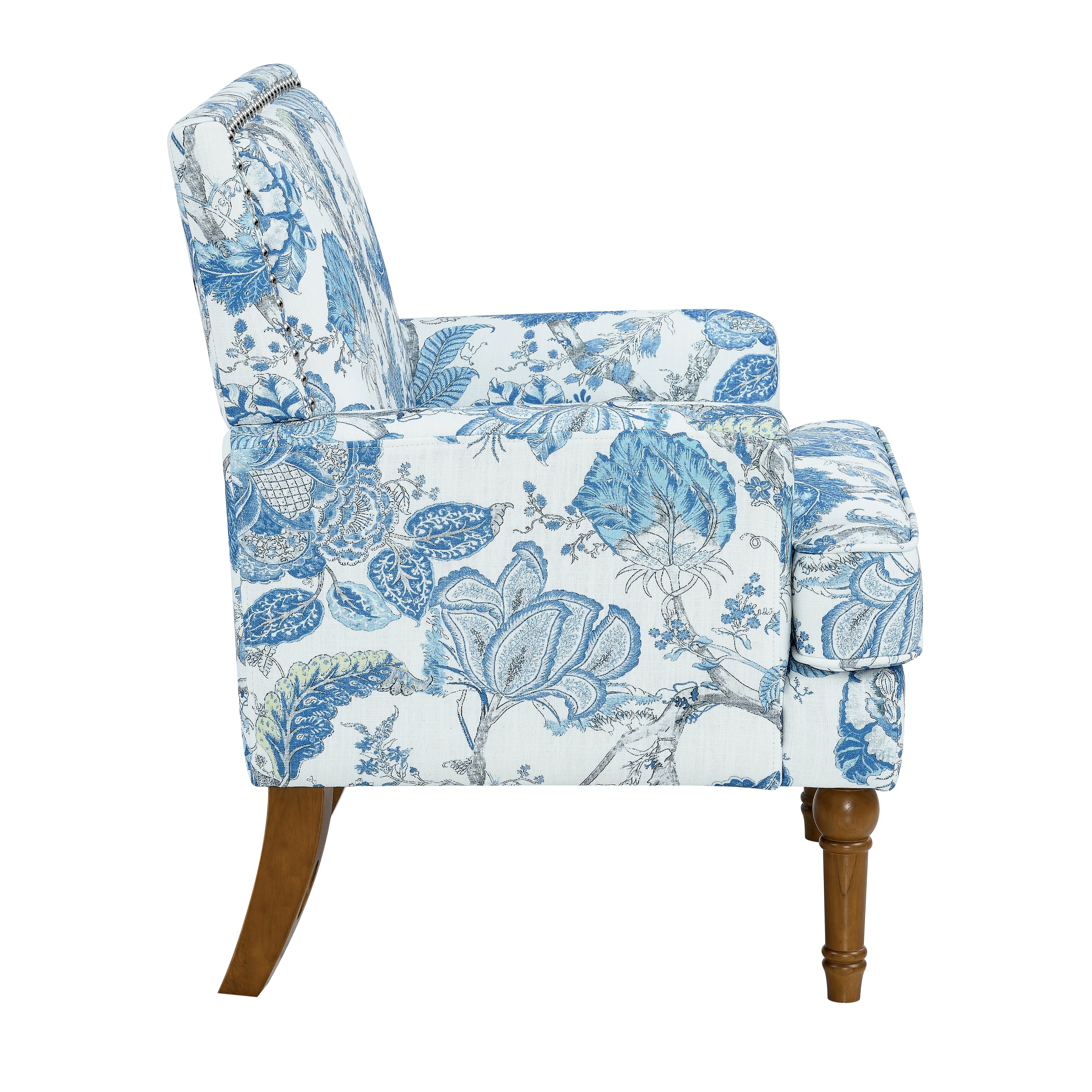 27" Wide Floral Upholstered Accent Chair with Nailhead Trim, Contemporary Botanical Armchair with Wood Turned Legs