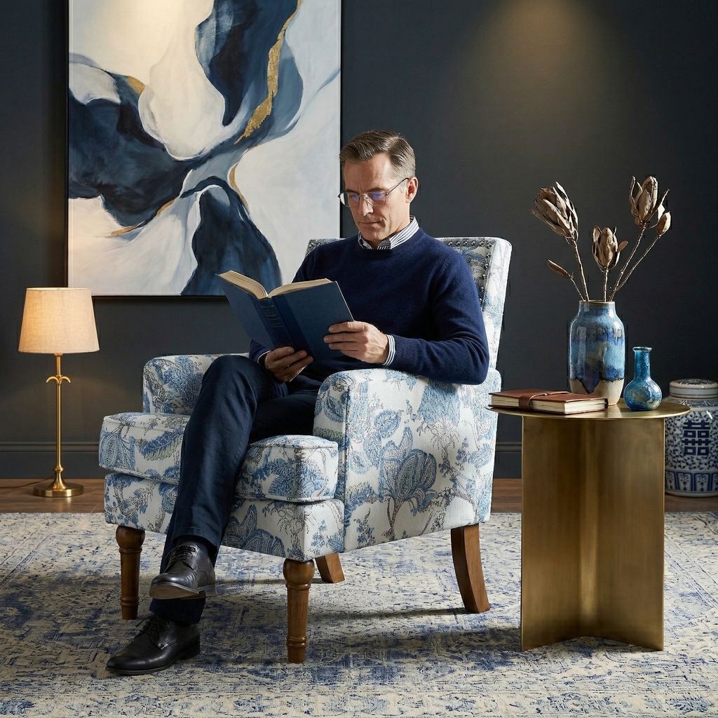 27" Wide Floral Upholstered Accent Chair with Nailhead Trim, Contemporary Botanical Armchair with Wood Turned Legs