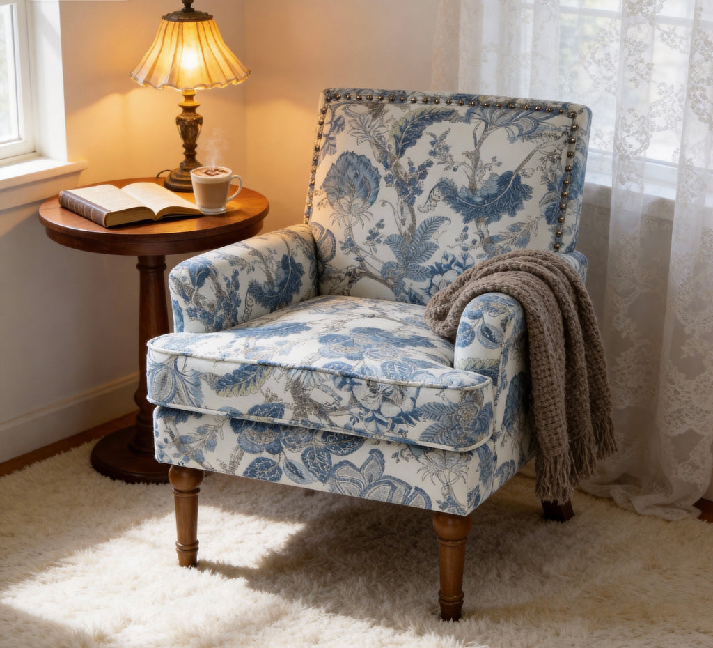 27" Wide Floral Upholstered Accent Chair with Nailhead Trim, Contemporary Botanical Armchair with Wood Turned Legs